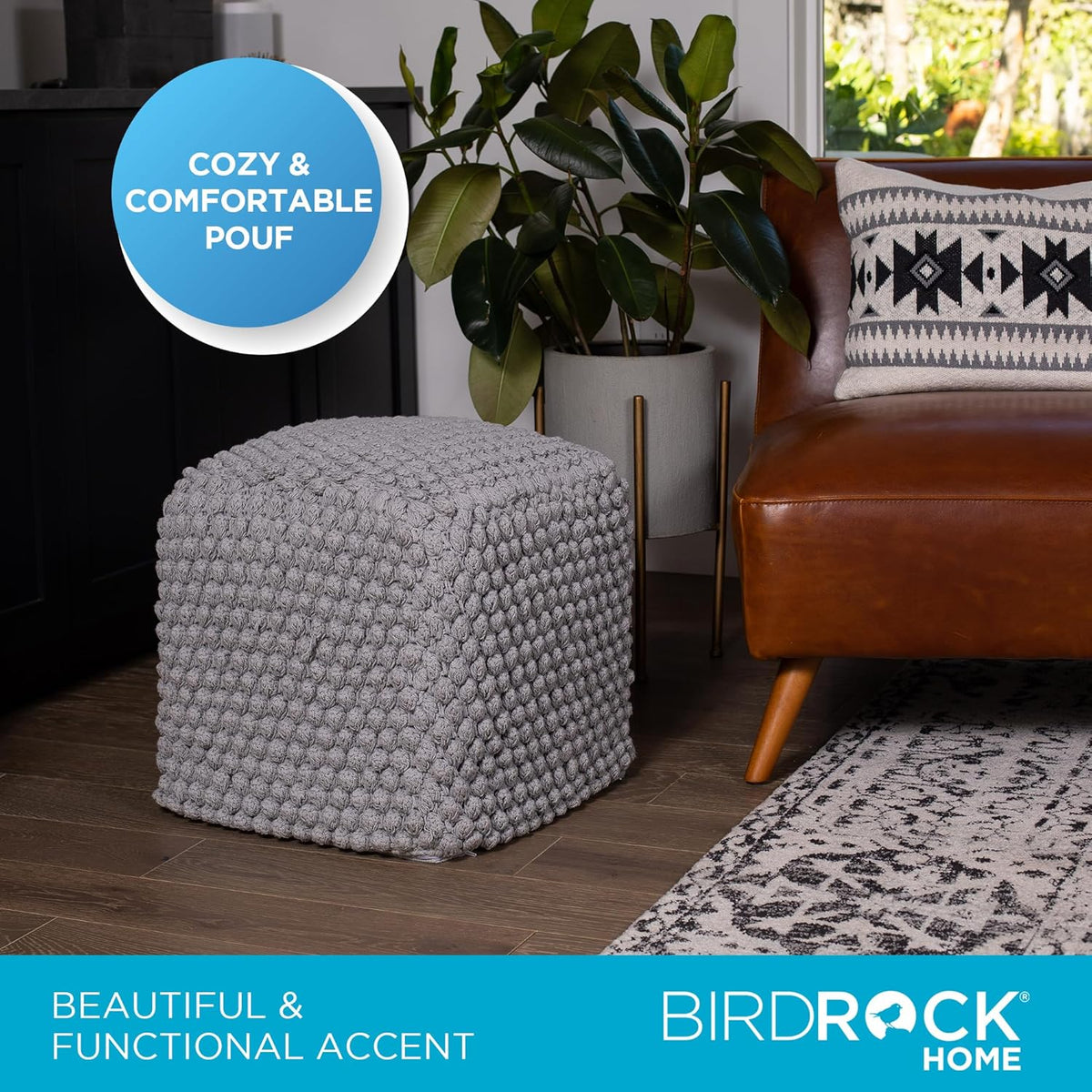 BIRDROCK HOME Buds Pouf Foot Stool Ottoman - Knit Bean Bag Floor Chair - Cotton Braided Cord