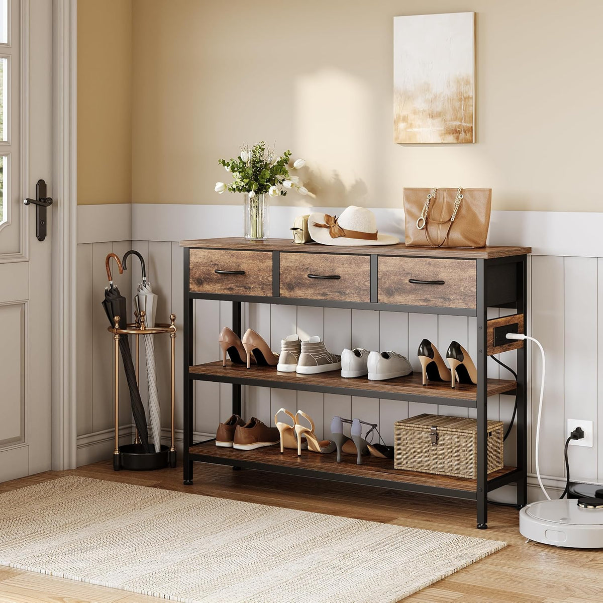 Lulive Entryway Table with Power Outlets, Console Table with 3 Fabric Drawers, Sofa Table for