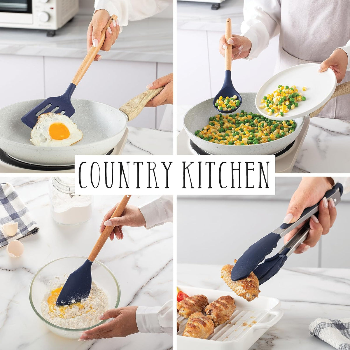 Country Kitchen Non Stick Silicone Utensil Set with Rounded Wood Handles for Cooking and Baking, 38