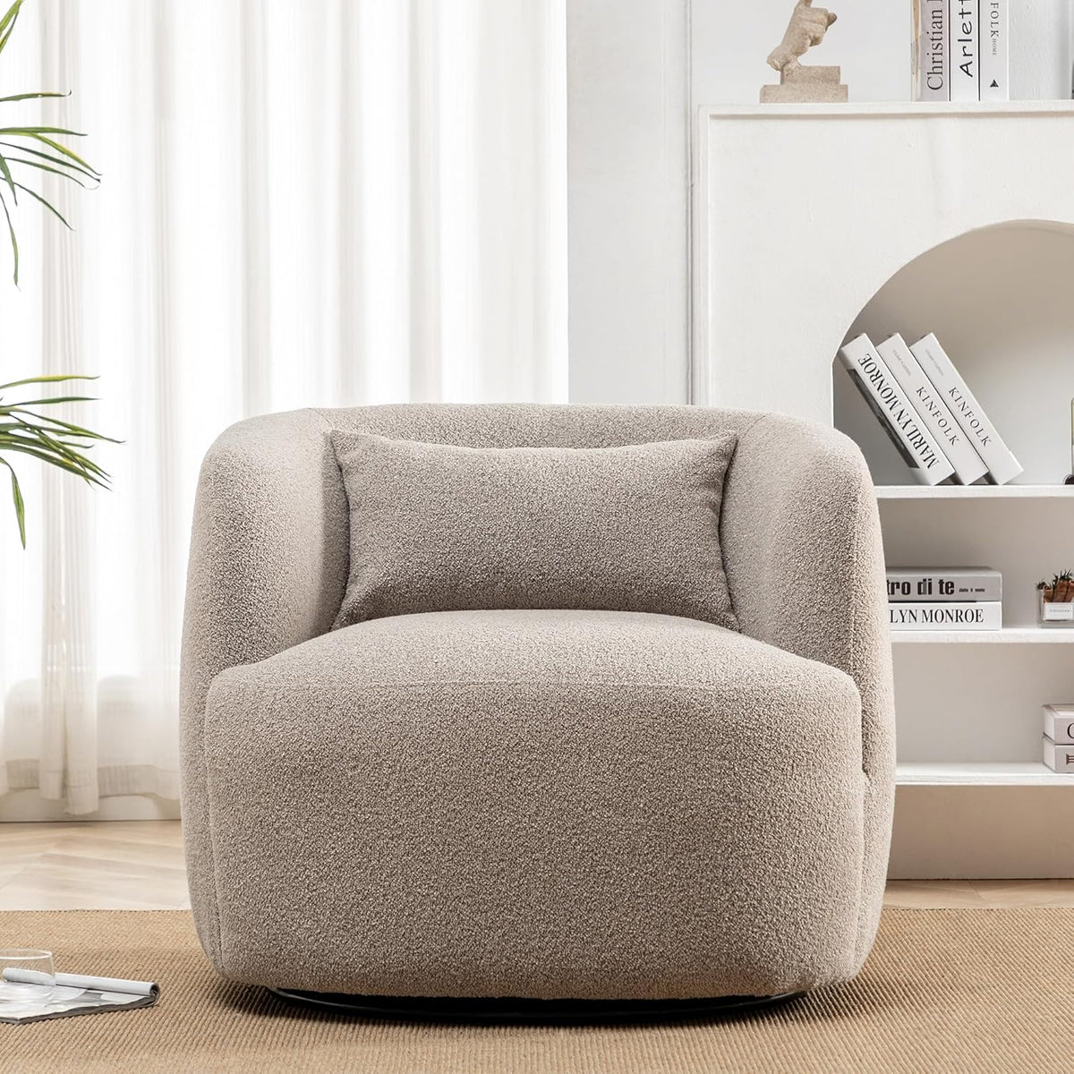 KINWELL 34" Wide Boucle Swivel Barrel Chair, No Assembly Round Upholstered Armchair Accent Chair