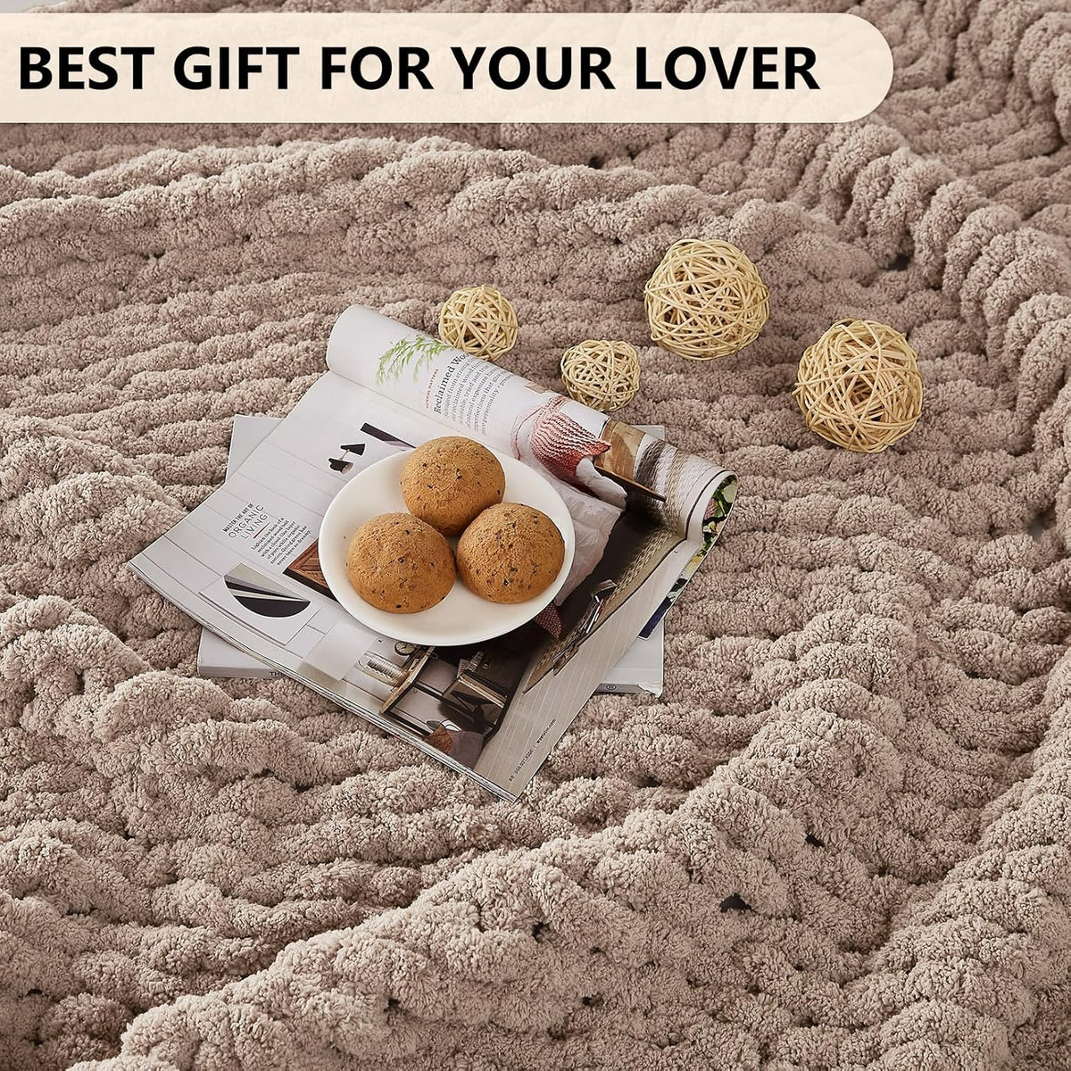 L'AGRATY Chunky Knit Blanket Throw: 50''x60'' Chenille Chunky Knitted Throw Blanket for Bed Couch