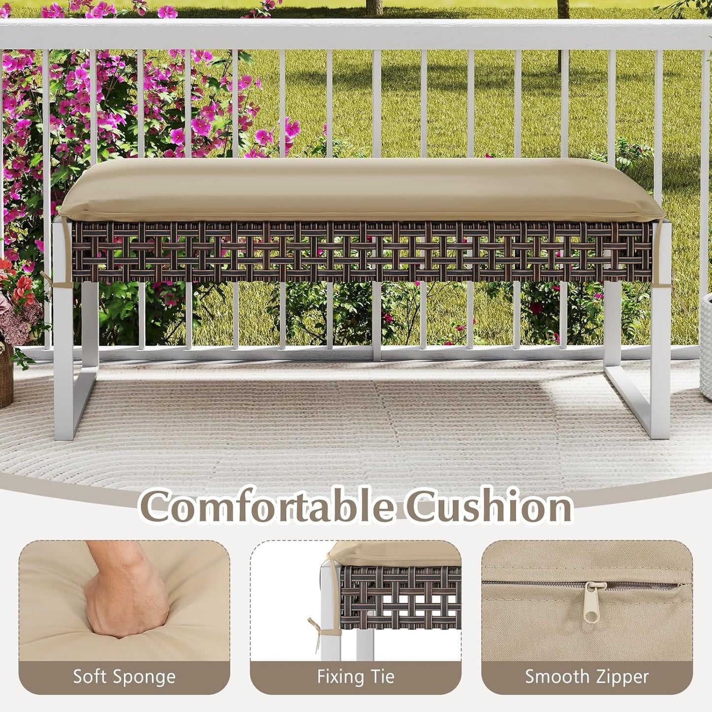 Tangkulka Outdoor Ottoman, Patio Rattan Heavy Duty Wicker Footrest with Soft Cushion & Metal Frame