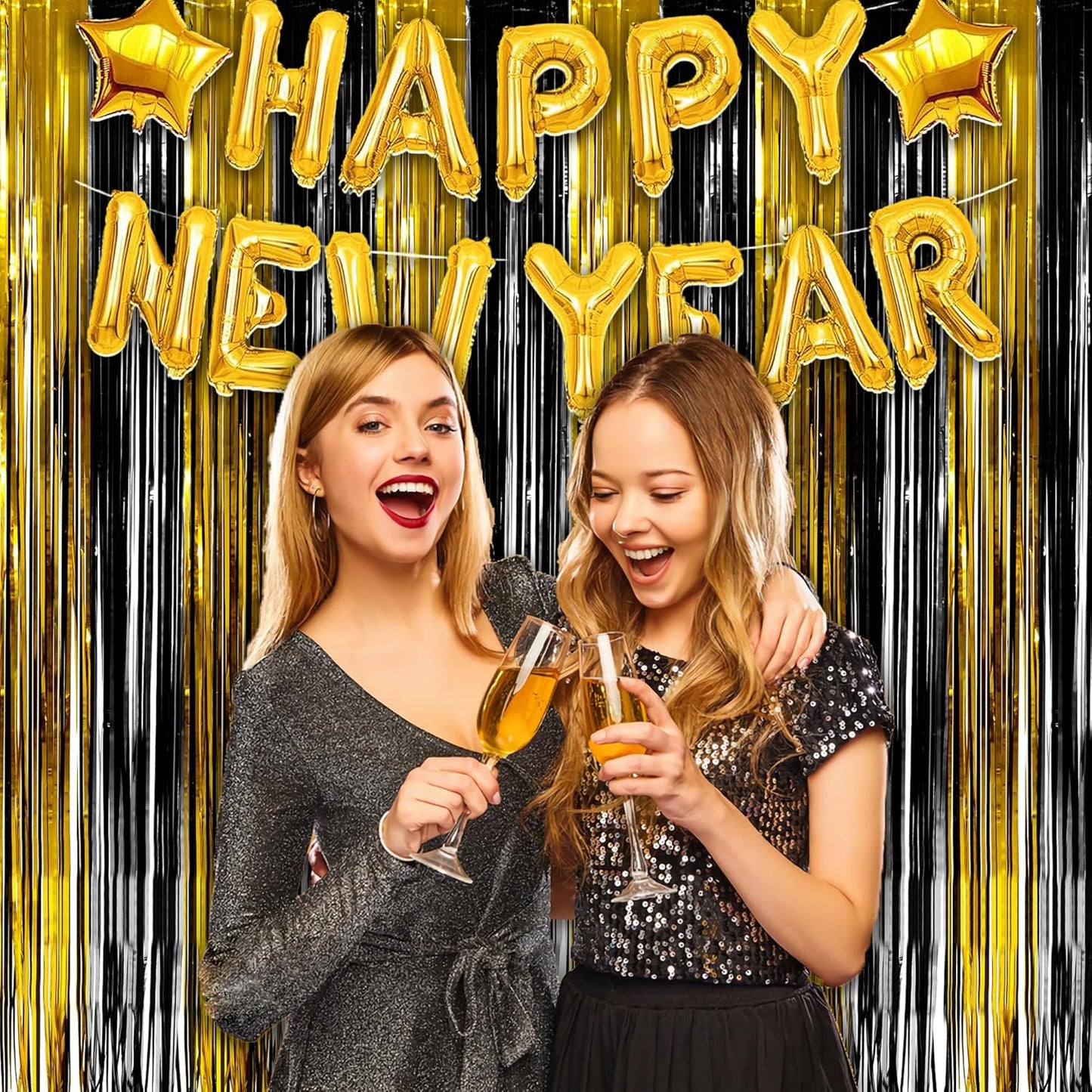 Black and Gold Party Streamers Decoration - GREATRIL Foil Fringe Backdrop for 2025