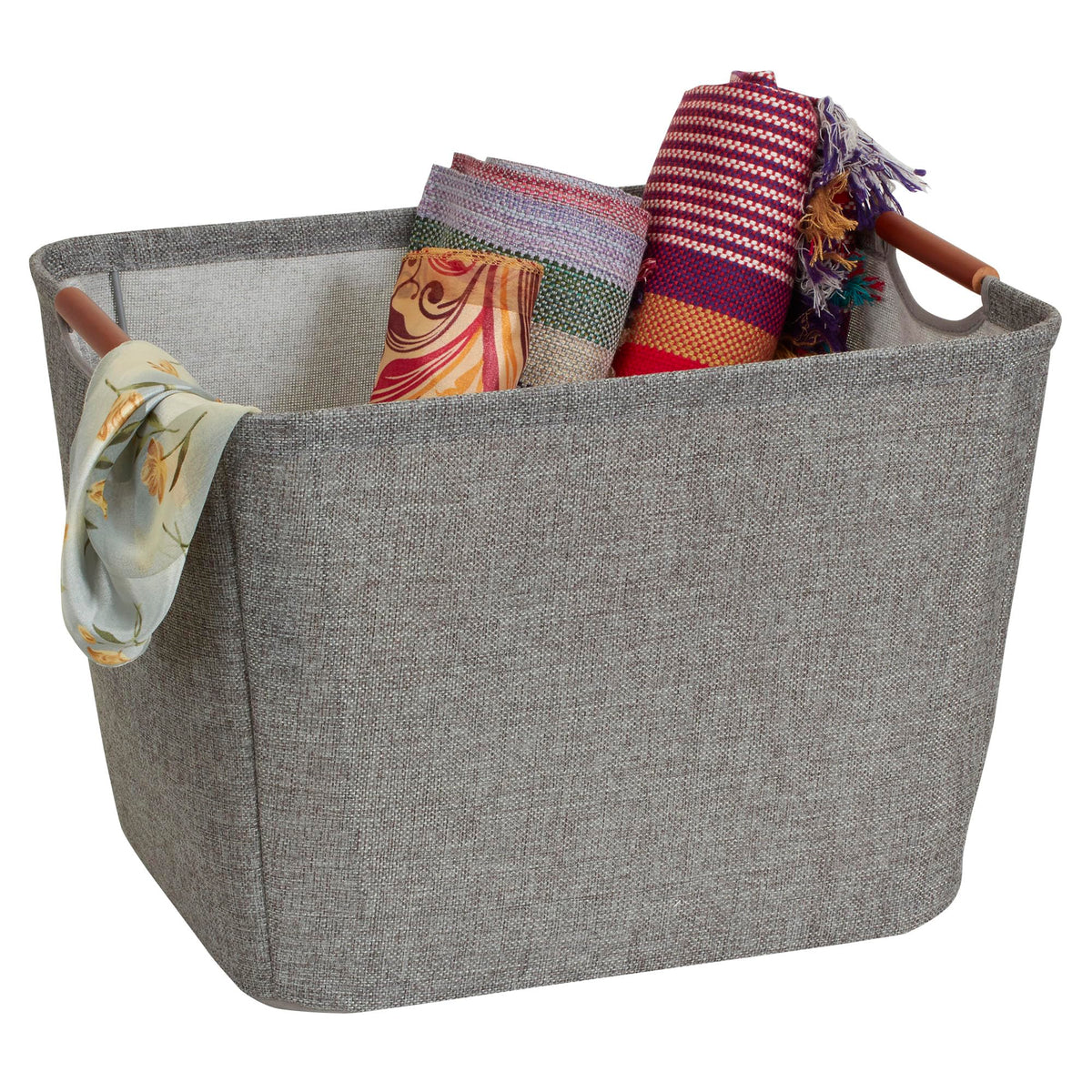 Household Essentials Medium Tapered Soft‑Side Storage Bin with Wood Handles, Gray