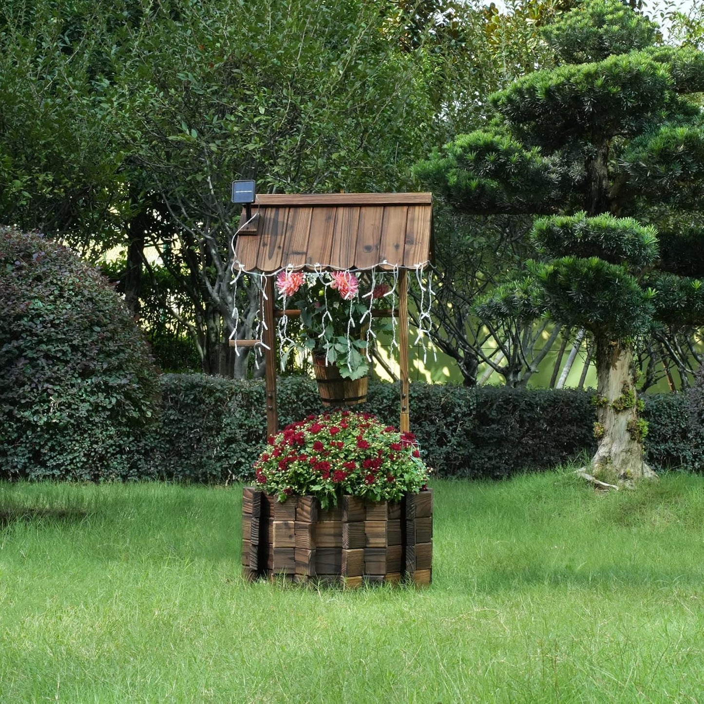Garden Wooden Decor Rustic Wishing Well with Light Planter Outdoor Home Décor for Patio, Upgrade
