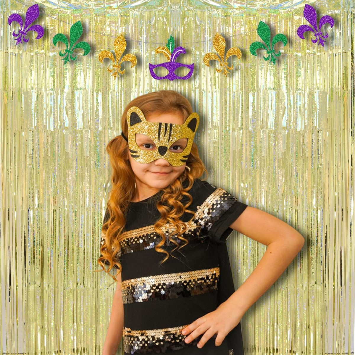 BRAVESHINE Gold Tinsel Streamers Party Backdrop - 2 Pack 3.2x8.2ft Metallic Foil Fringe Curtain for