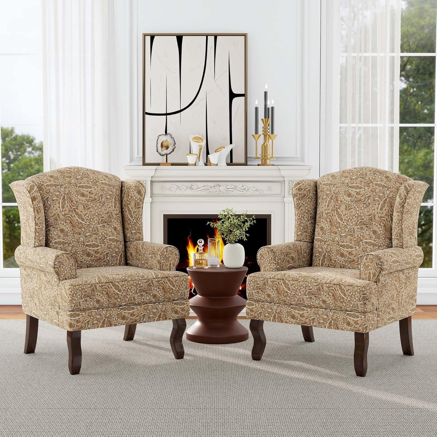 Accent Chair, High Back Upholstered Armchair with High Resilience Sponge & Wood Legs, Mid-Century
