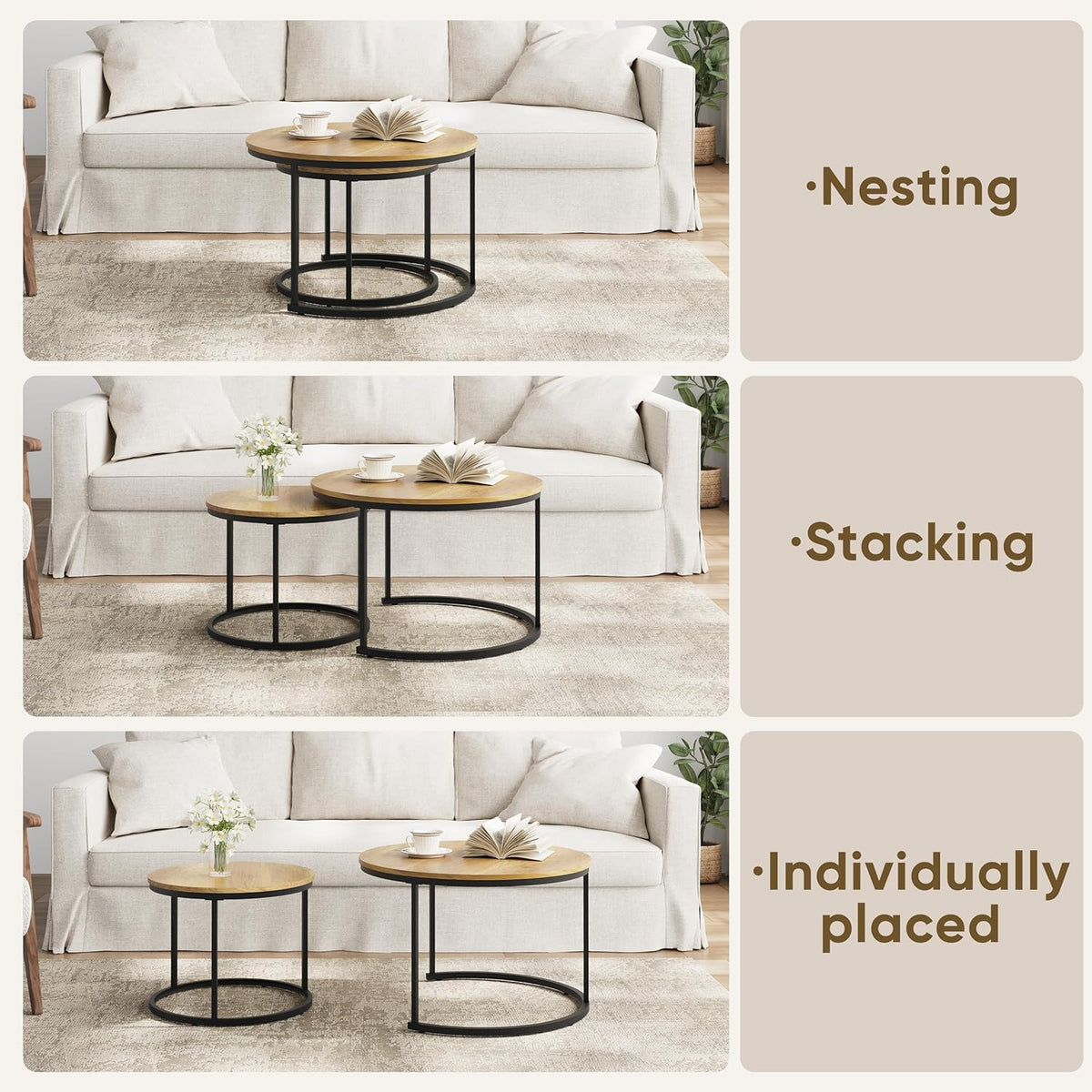 Smuxee Nesting Coffee Table Set of 2, 27.6" Round Coffee Table Wood Grain Top with Adjustable