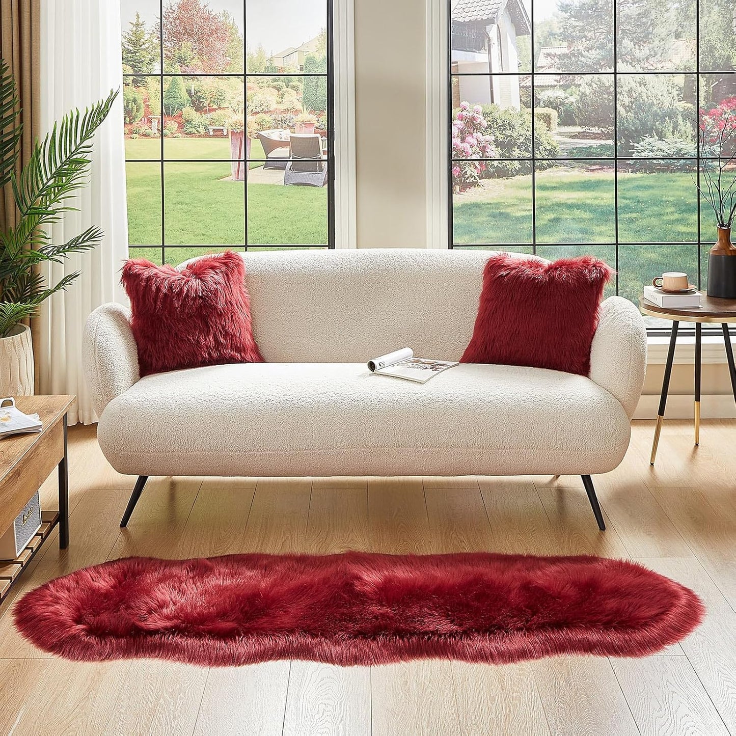 AMTOVO Faux Sheepskin Rug, Burgundy Ultra Soft Fluffy Shag Area Rug, 2 x 6 ft Faux Fur Rug for