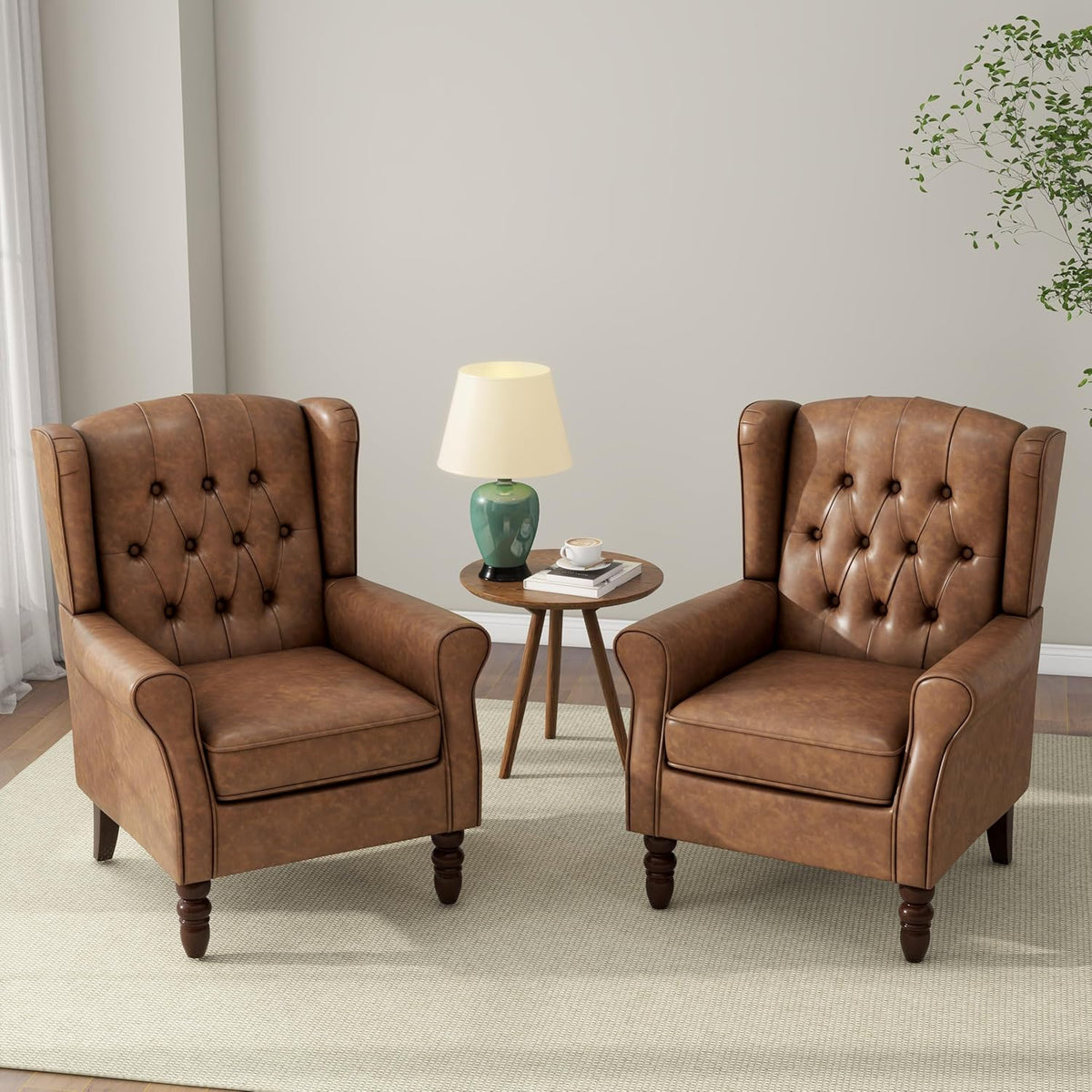 Accent Chair, Upholstered Armchair with Button Tufted High Back & Solid Wood Legs, Comfy Wingback