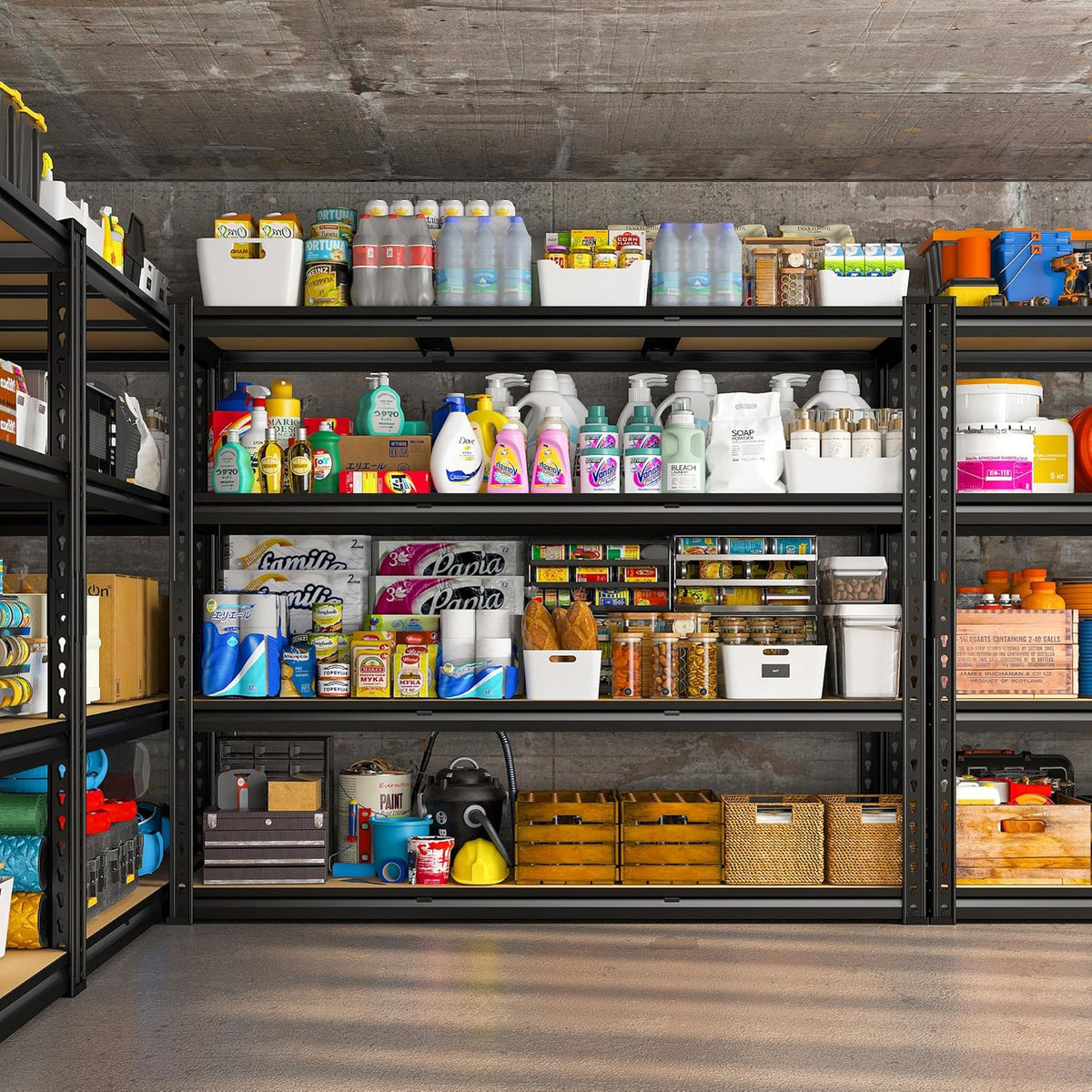 REIBII 48" W Garage Shelving Heavy Duty, 2000LBS Storage Shelves, 4 Tier Adjustable Metal Shelves