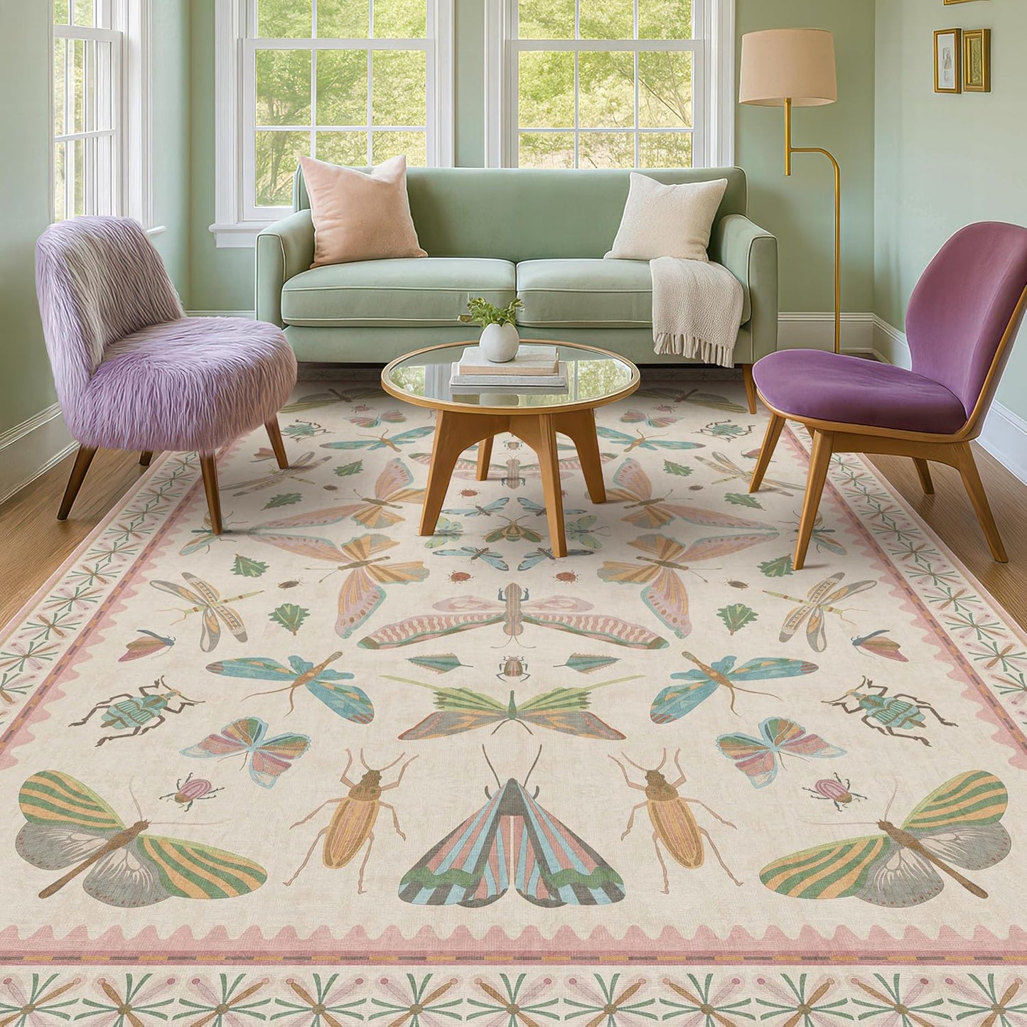 Washable 5x8 Light Pink Rug for Bedroom - Pink Boho Girl Nursery Rug, Living Room, Nature Insect