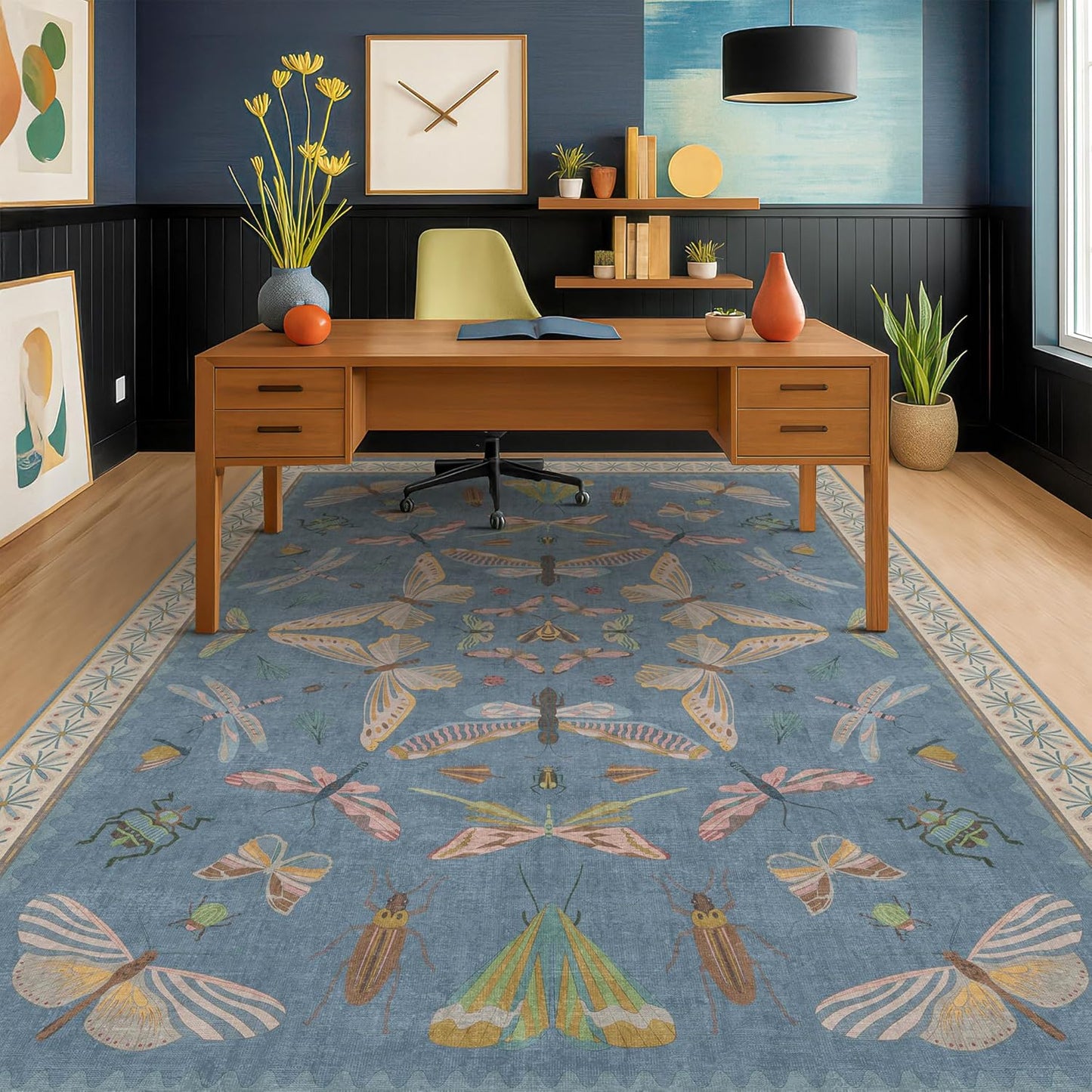 6x9 Blue Floral Rug for Dining Room Table - Area Rugs for Living Room, Bedroom, Insect Moth Art