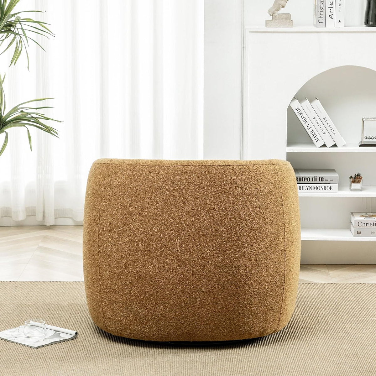 KINWELL 34" Wide Boucle Swivel Barrel Chair, No Assembly Round Upholstered Armchair Accent Chair