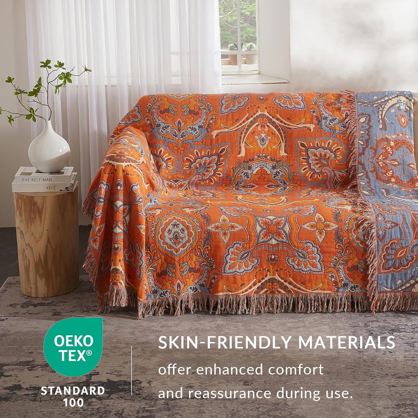 Boho Throw Blanket for Couch Sofa Bed, 100% Cotton Woven Quilt with Tassel 80”x90”, Super Soft
