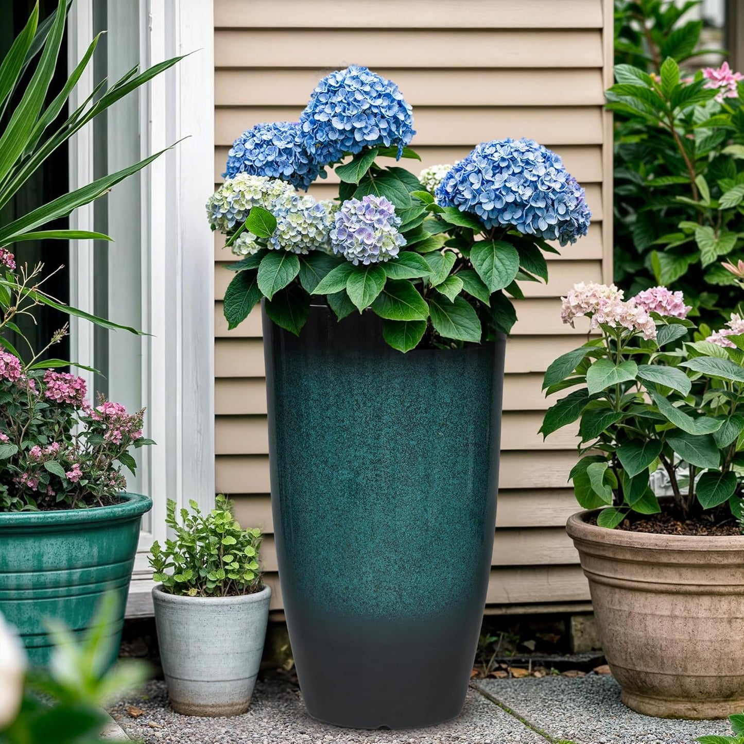 Tall Outdoor Planters, Set of 2 Large Flower Pots for Outdoor Plants, with Gradient Turquoise
