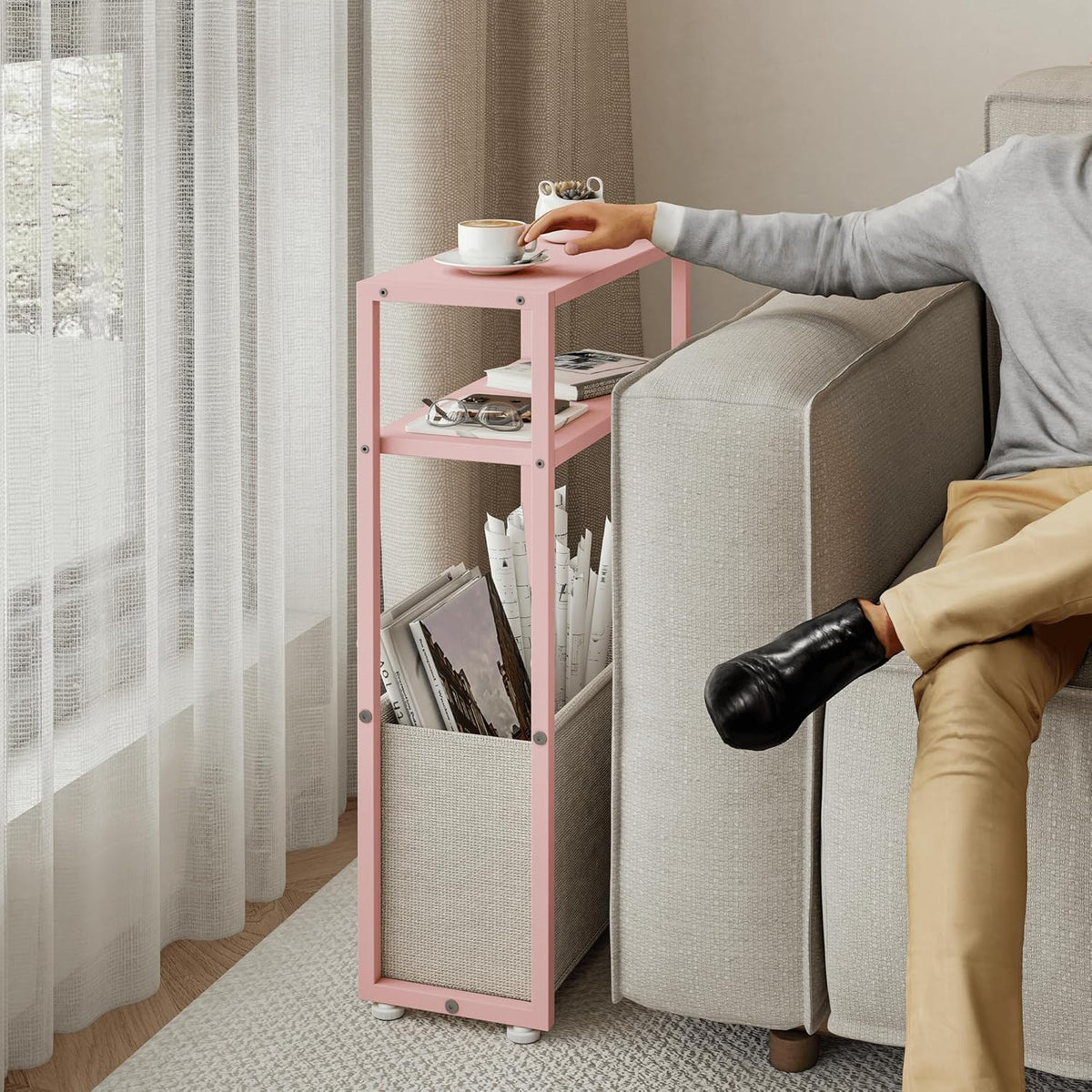 Narrow Side Table, Slim End Tables with Fabric Basket, Skinny Table for Small Spaces, Thin Bedside