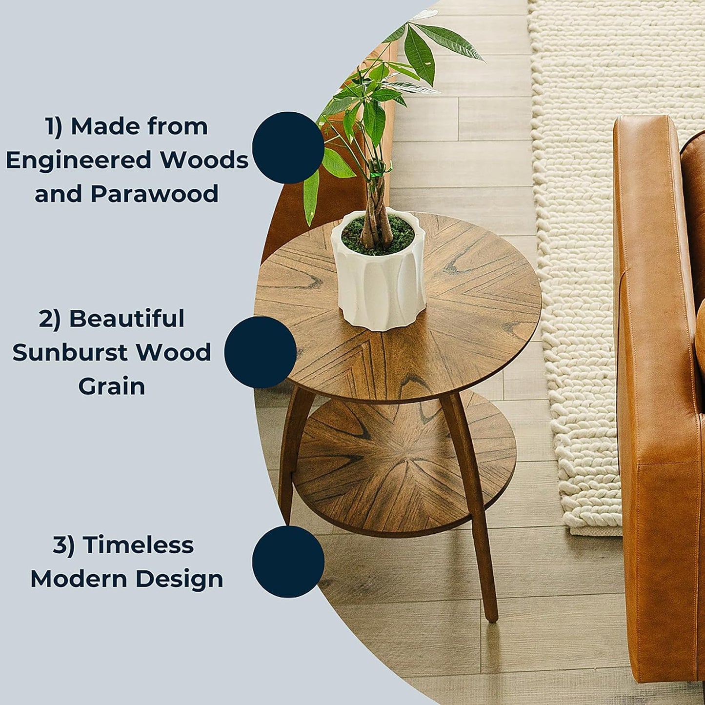 Martin Svensson Home Round Wood Nutmeg Brown Living Room End Side Accent Table Nightstand with