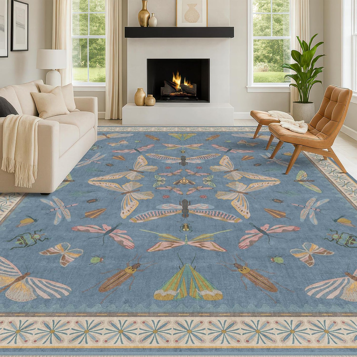 Light Blue Rugs for Dining Room Under Table - 8x10 Washable Area Rugs for Living Room, Bedroom