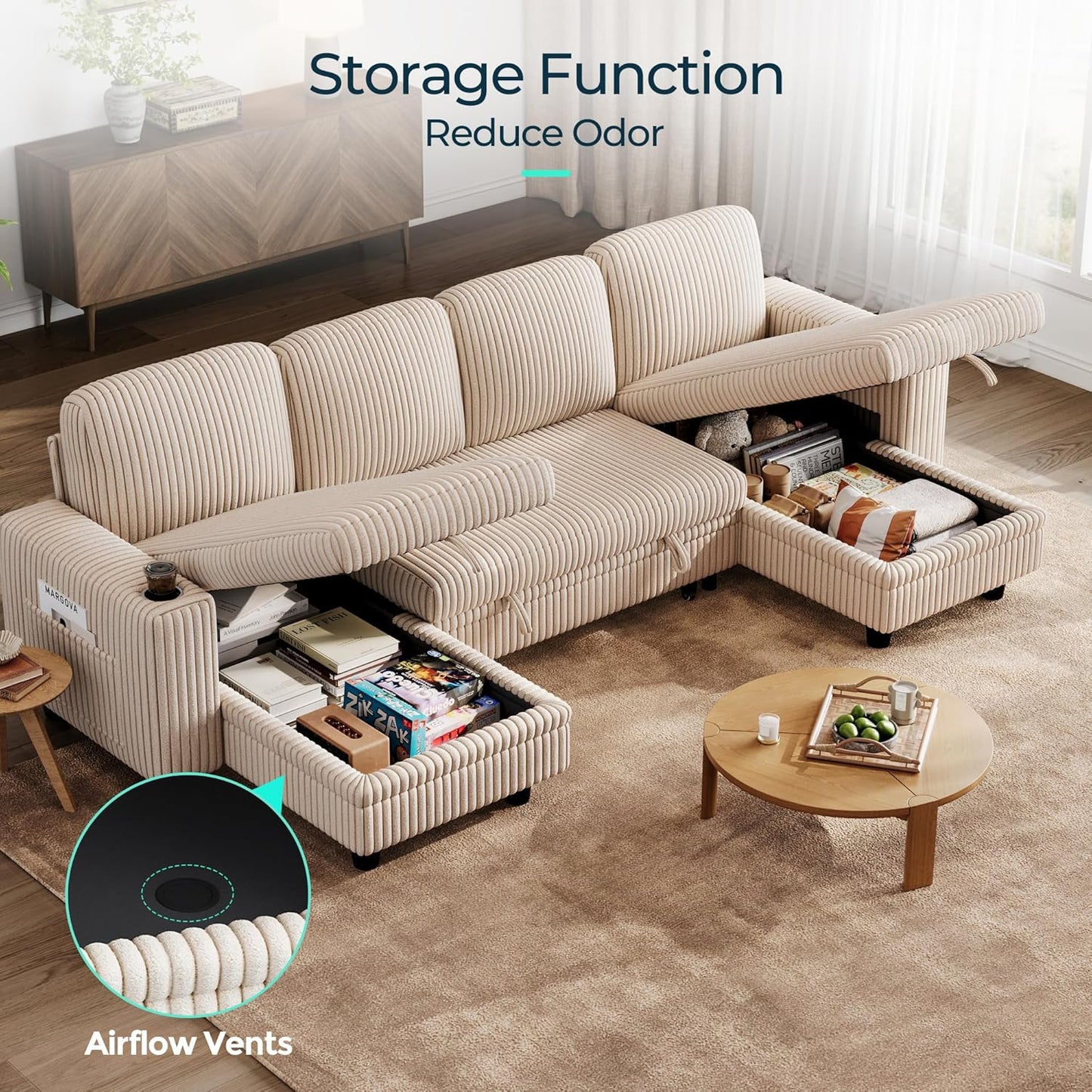 LINSY HOME Sectional Sleeper Sofa with Pull Out Couch Bed - Convertible Plush Corduroy Cloud Couch