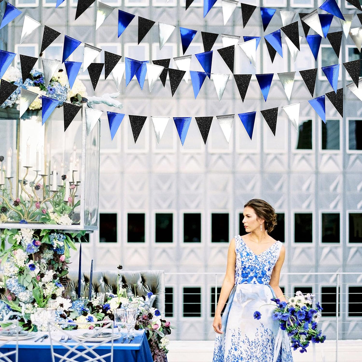 30Ft Navy Blue Black and Silver Party Decorations Royal Blue Triangle Flag Pennant Banner Bunting