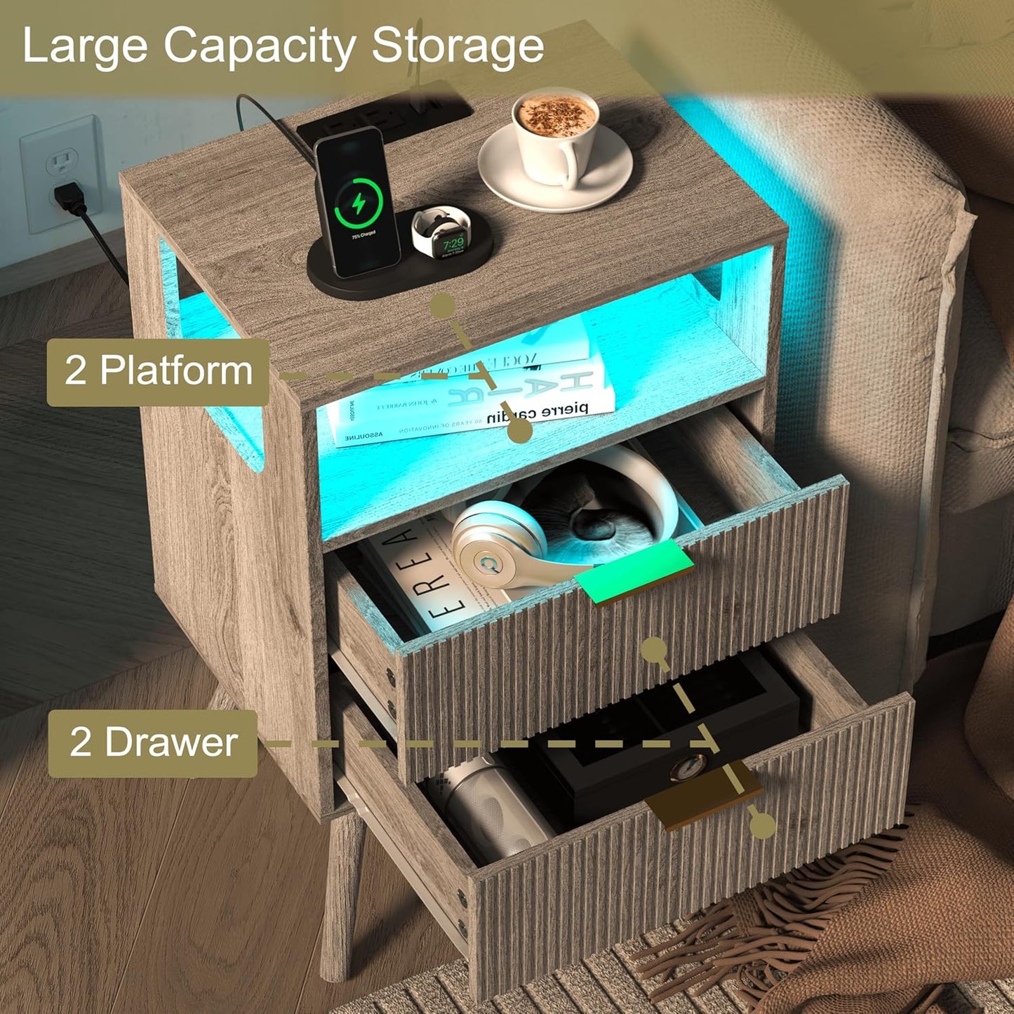 Nightstand with Charging Station and LED Lights,Modern Bedside Table with 2 Storage Drawer and Open