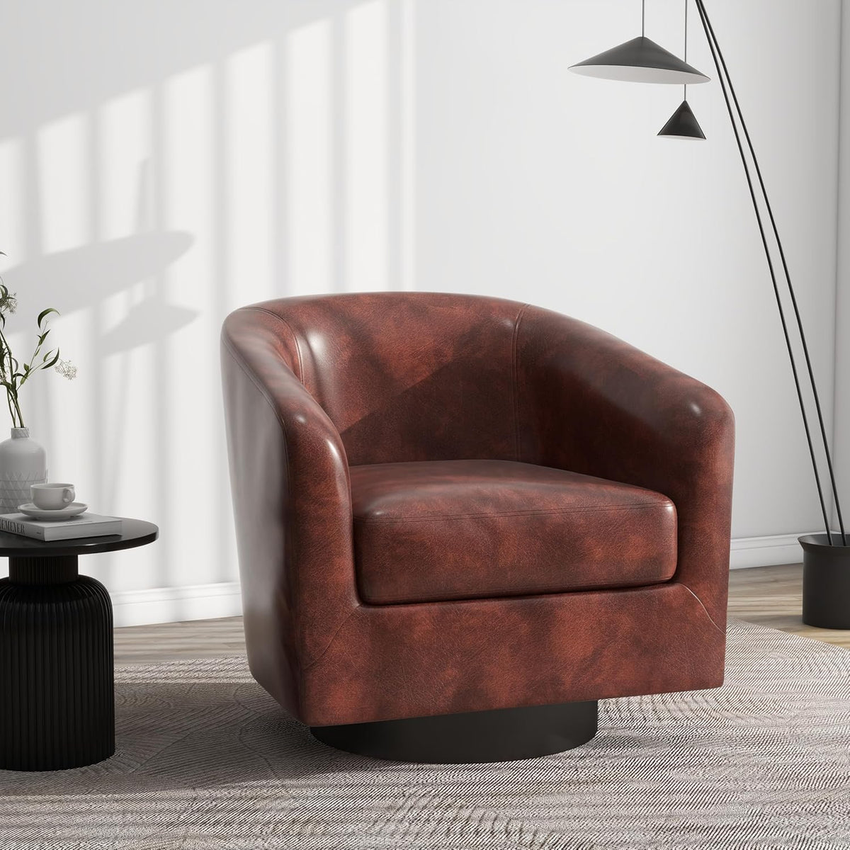 Swivel Barrel Accent Chair, Modern Round Faux Leather Arm Chair for Living Room, Bedroom, Comfy