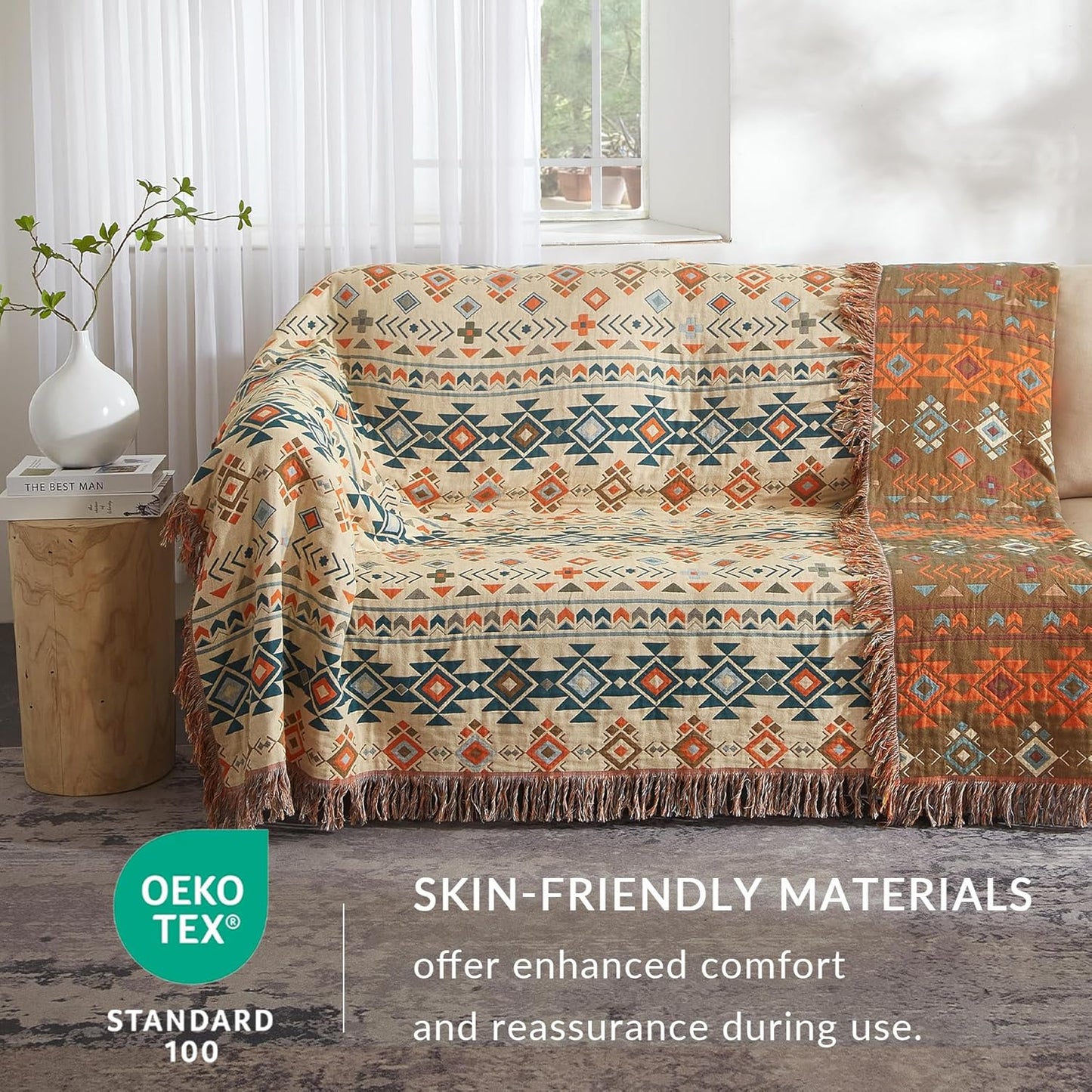 Boho Throw Blanket for Couch Sofa Bed, 100% Cotton Woven Quilt with Tassel 60”x80”, Super Soft