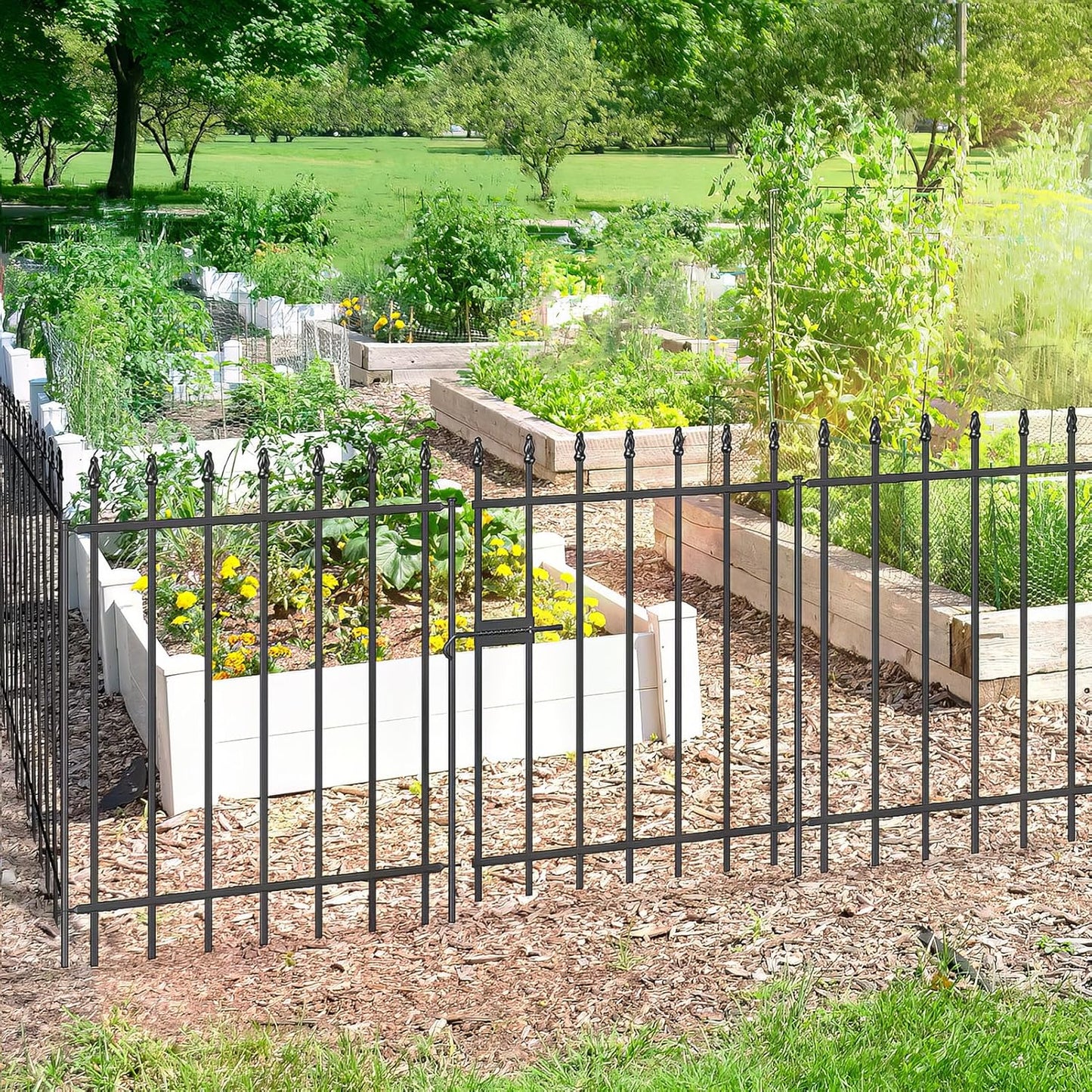 Metal Garden Fence with Gate 30 in H x 10 ft L, 1 Gate + 4 Panels Border Fence Panels Animal