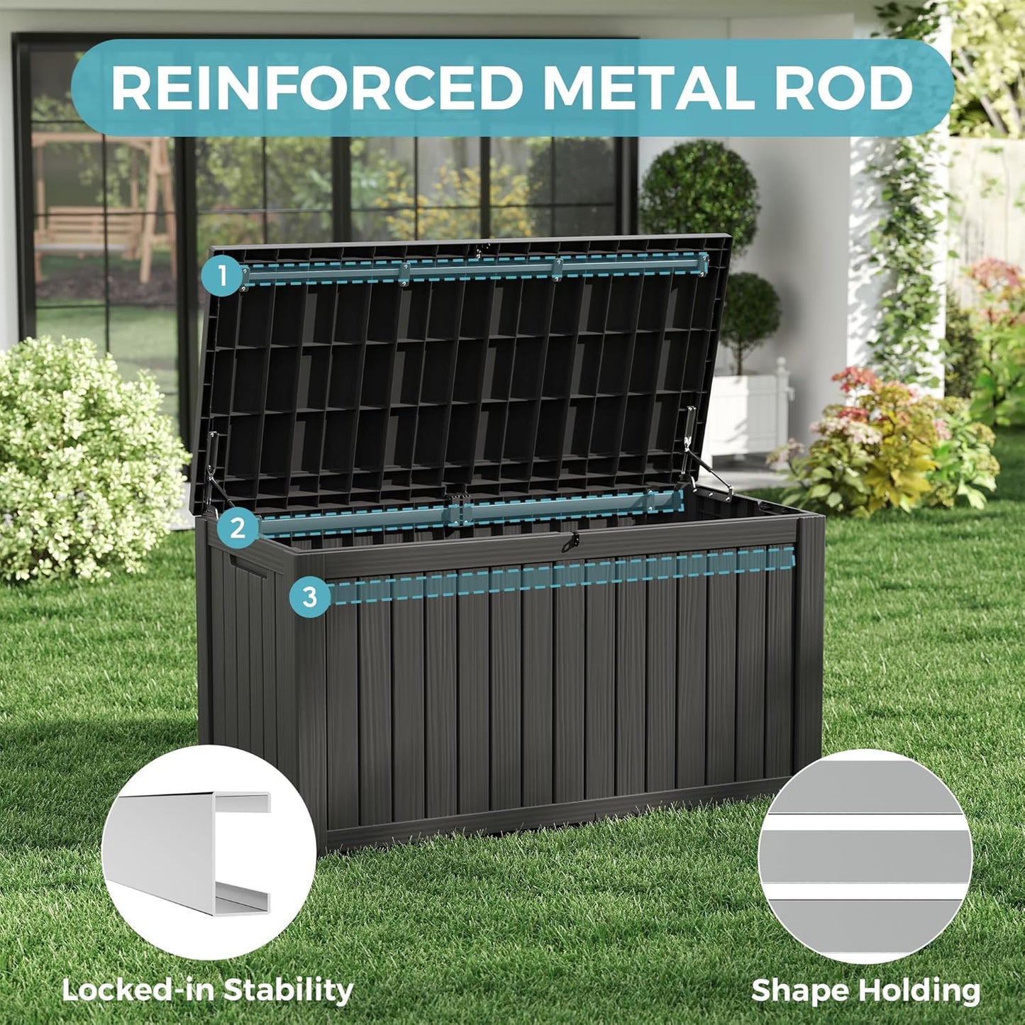 NUNU LAB 150 Gallon Outdoor Storage Box,Resin Large Sturdy Deck Box, Backyard Outside Storage Box