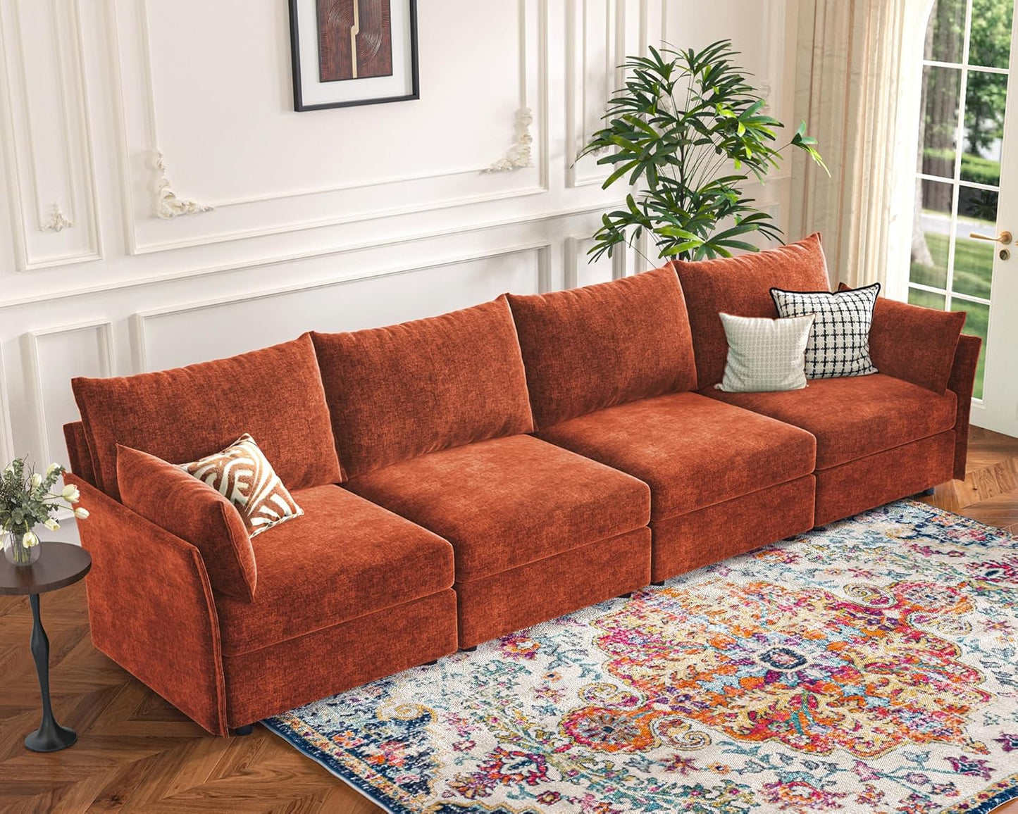 134.6" Modular Sectional Sofa, Oversized 4 Seater Terracotta Orange Couch with Removable Chenille
