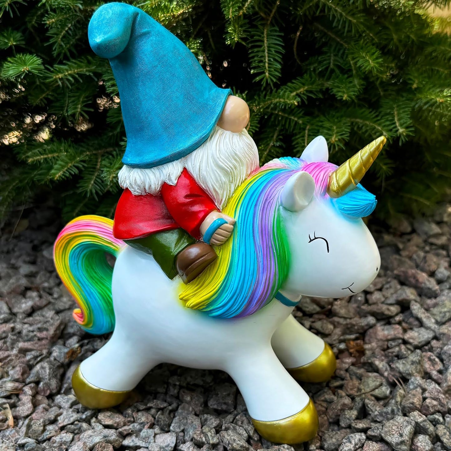 Mood Lab Garden Gnome Statue - Garden Gnome Riding Unicorn - 8.3 Inch Tall Lawn Figurine - for