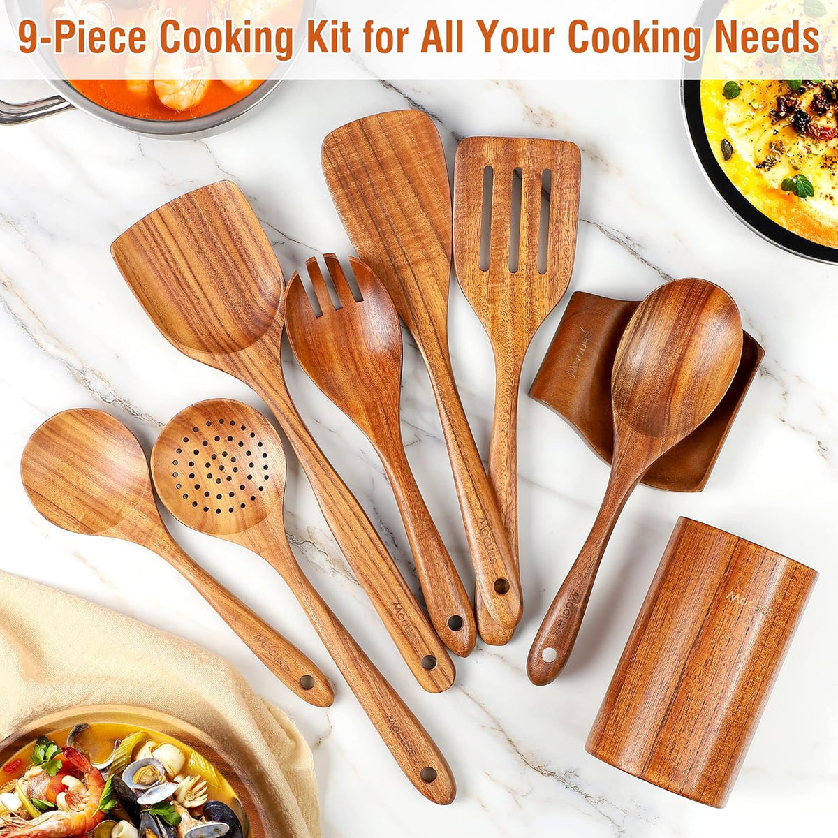 9 Piece Natural Teak Wooden Kitchen Utensil Set with Spoon Rest - Comfort Grip Cooking Spoons and