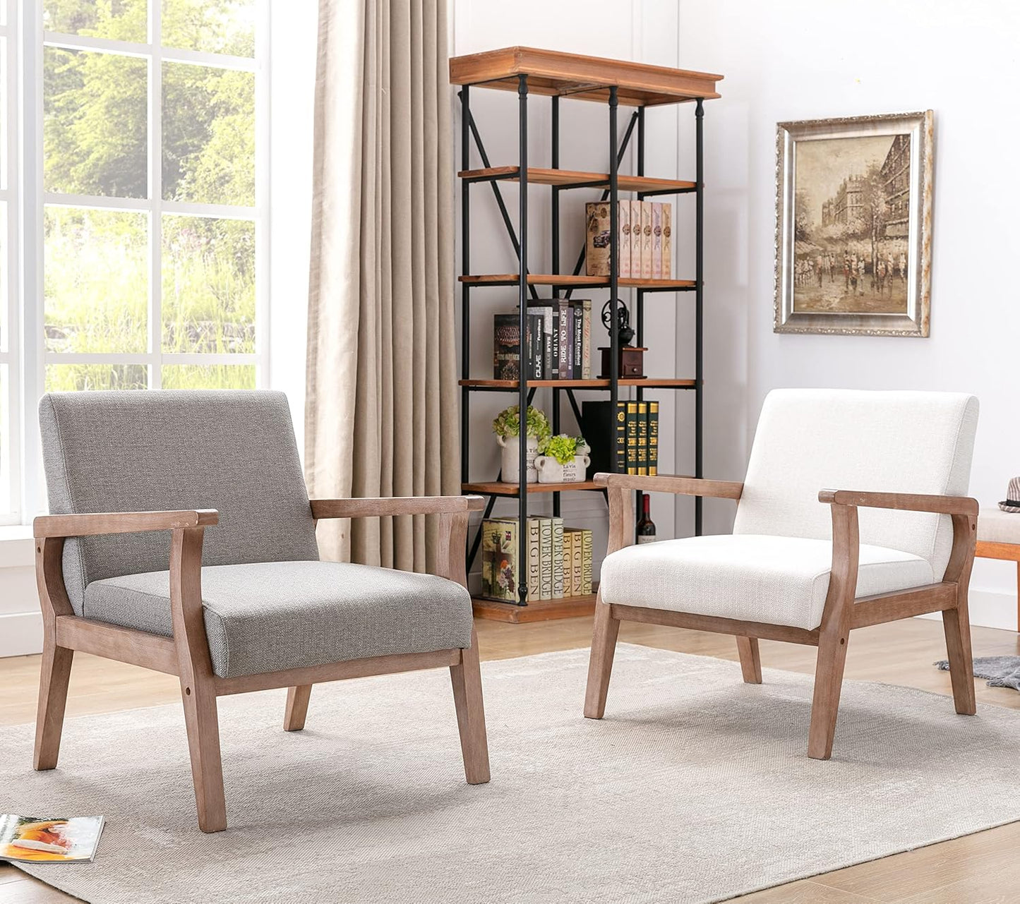 Mid Century Modern Accent Chair Set of 2, Linen Upholstered Living Room Accent Armchair with Wood