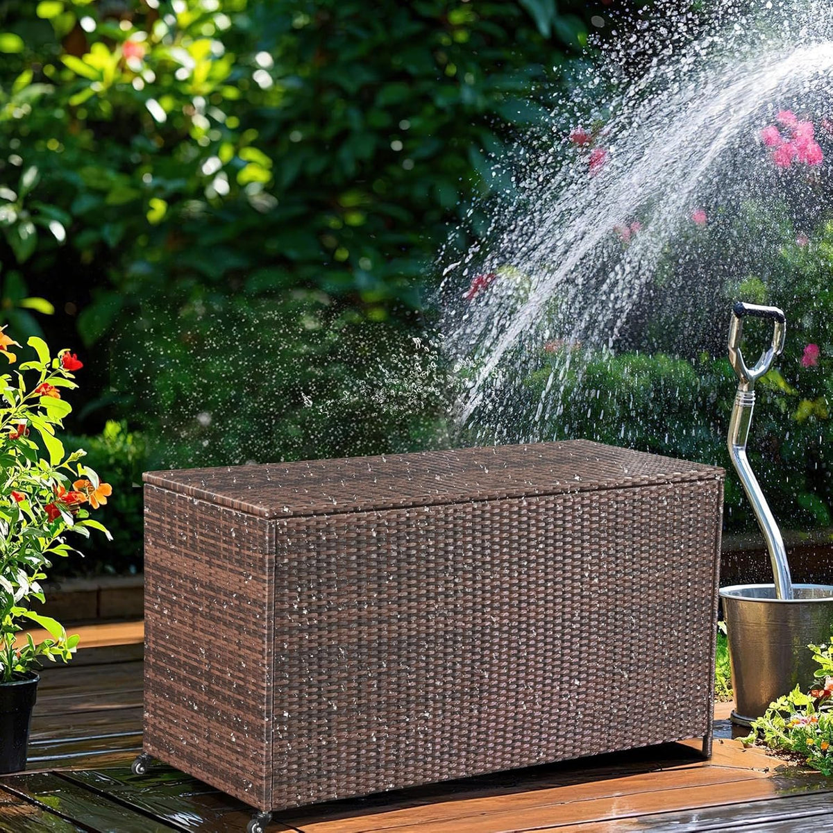 HOMREST Large Deck Box, Outdoor Wicker Storage Container with 70 Gallon, Patio Rattan Furniture for