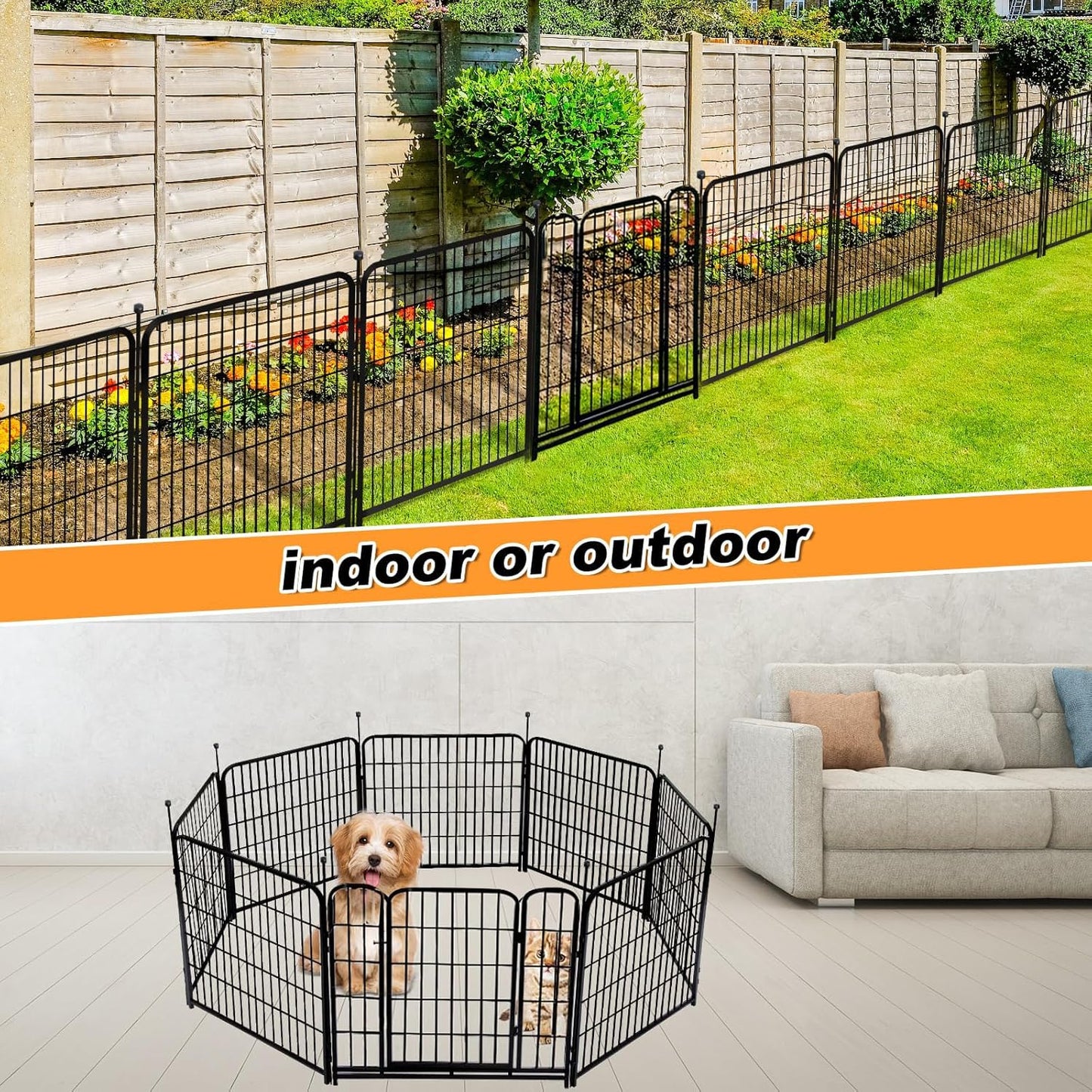 32 in(H) Decorative Garden Fence with Gate, 8 Panels Total 17.7 Ft(L) Heavy Duty Iron Animal