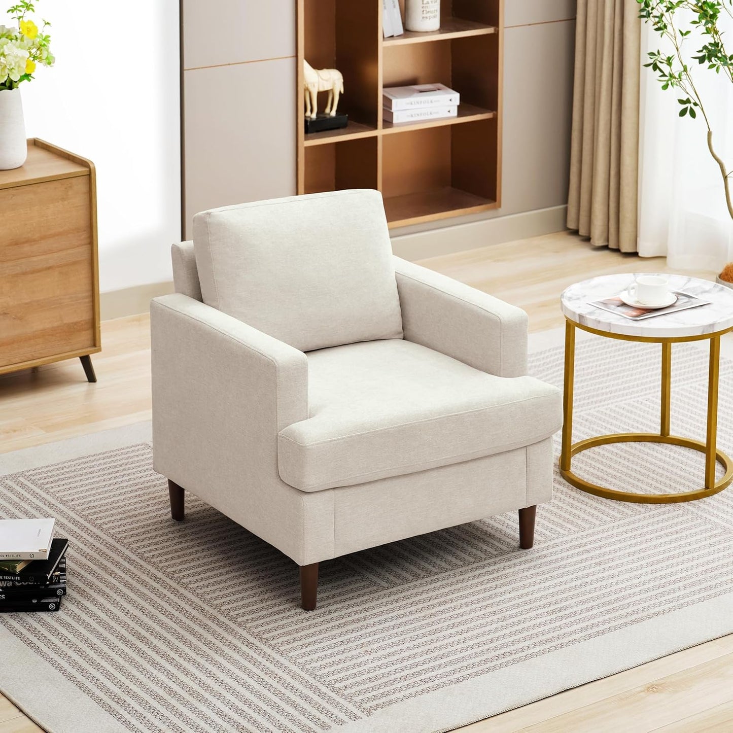Mid-Century Accent Chair,Modern Linen Fabric Armchair for Living Room,Comfy Upholstered Reading