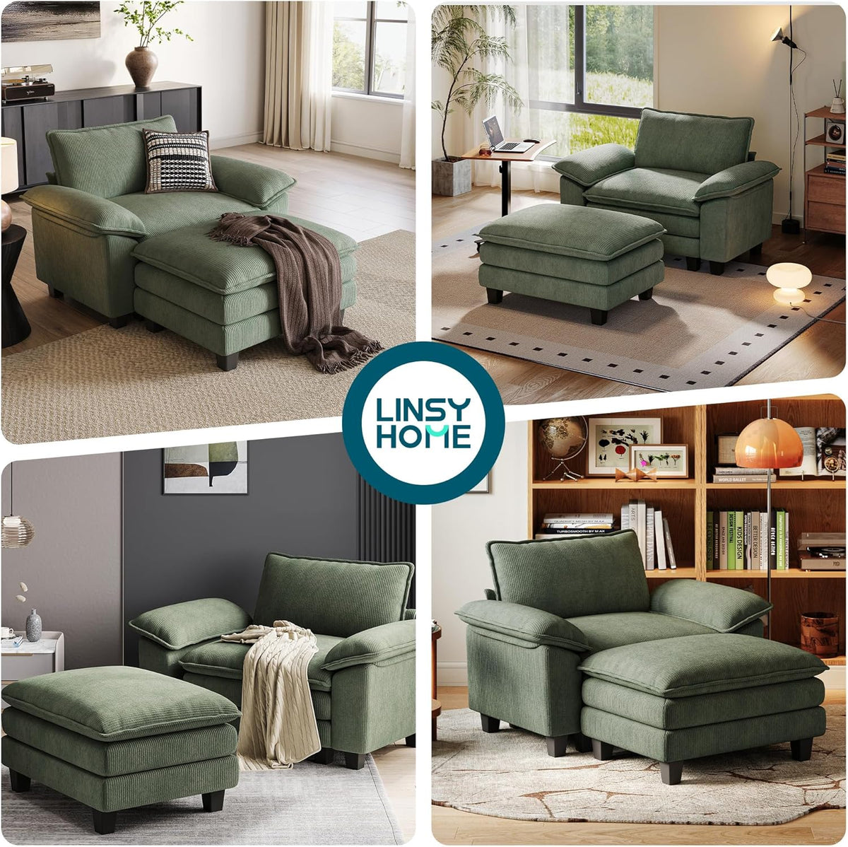 LINSY HOME Sofa Chair with Movable Ottoman - Corduroy Cloud Couch Chair Soft Comfy Modern Sofa