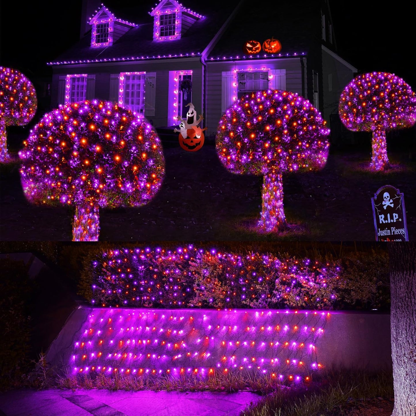 WBao Orange Purple Halloween Lights Outdoor 200LED F8 Big Bulbs, 8.4ft x 5.2ft Halloween Net Lights
