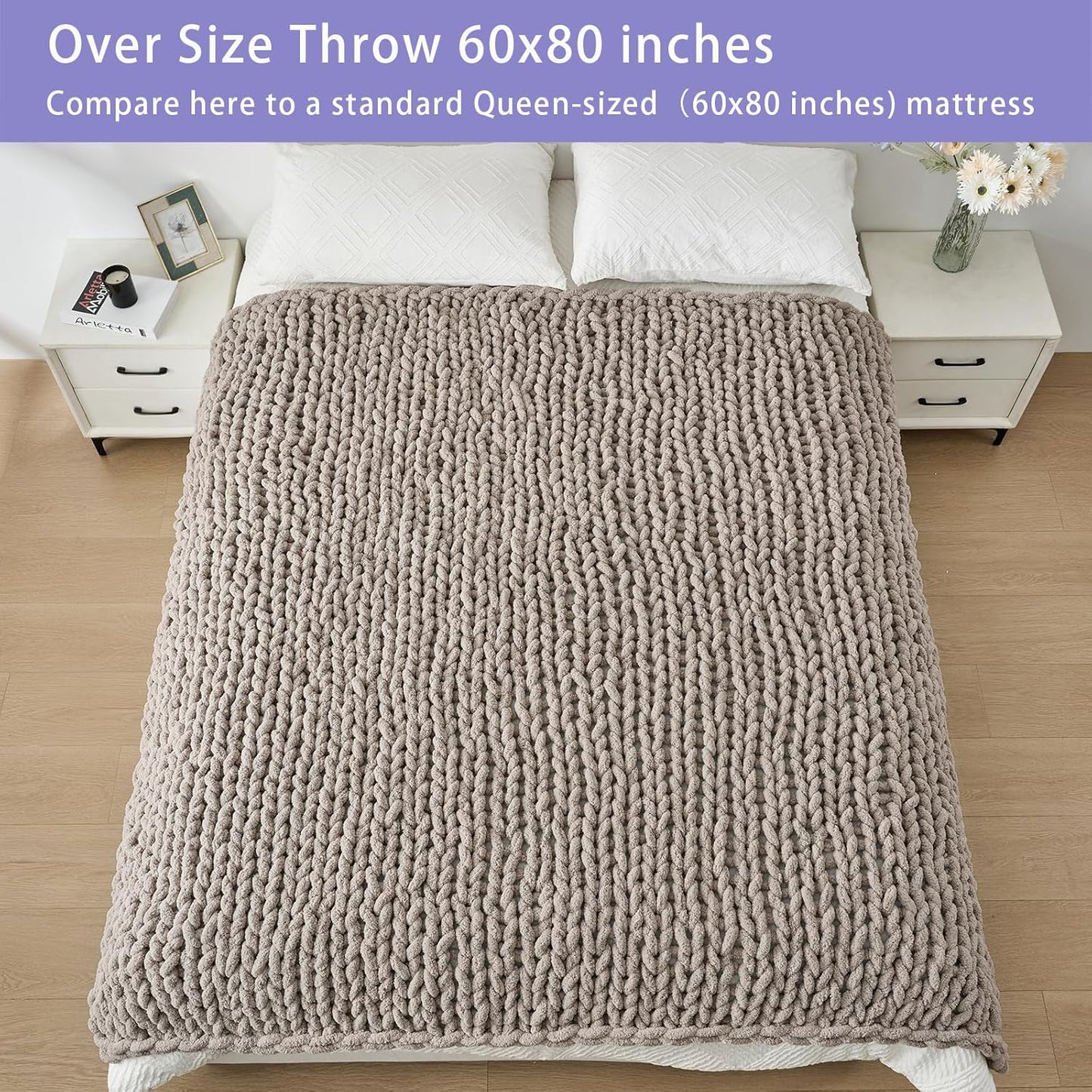 Bigacogo Chunky Knit Throw Blanket for Couch, 60x80 inches, 100% Hand Knitted with Thick Jumbo