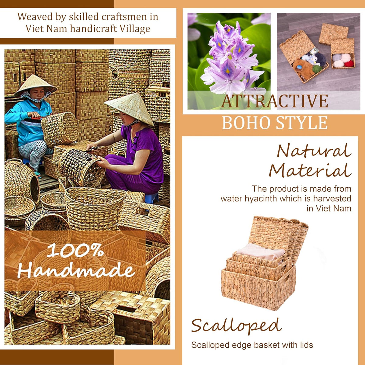 Set of 3 Scalloped Edge Wicker Basket with Lid, Rectangle Wicker Storage Basket with Built-in
