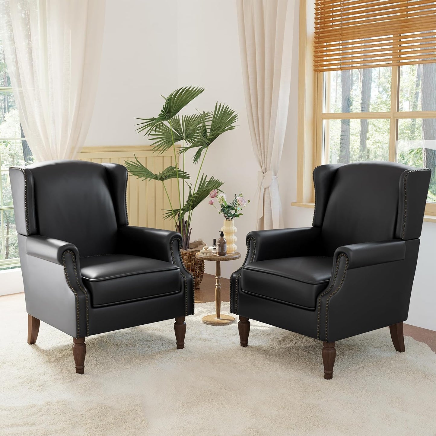Accent Chairs, Faux Leather High Back Armchair Set of 2 or Living Room, Comfy Upholstered Single