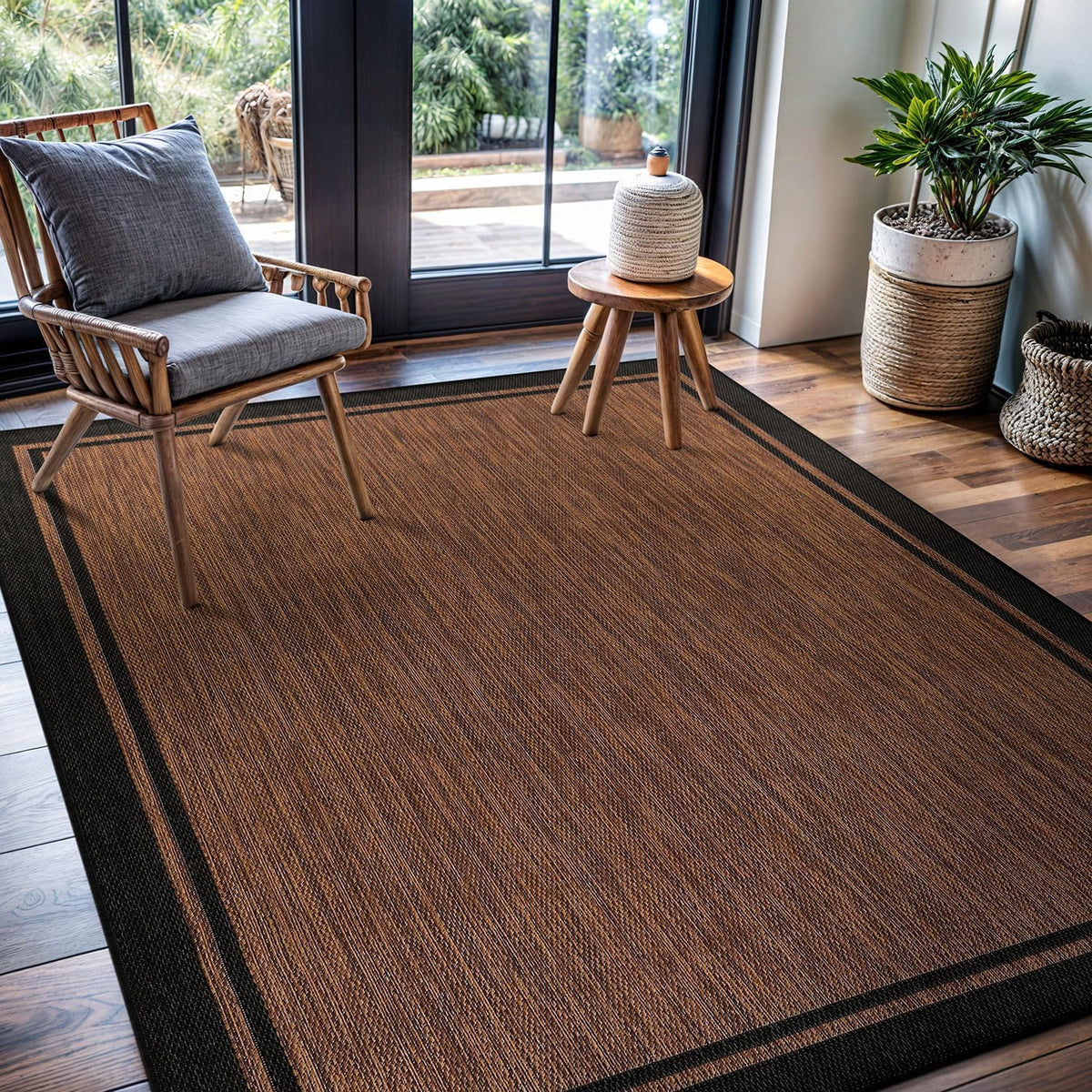 CAMILSON Indoor Outdoor Rug, 6x9 Bordered Nut Brown Black Modern Area Rugs for Indoor and Outdoor