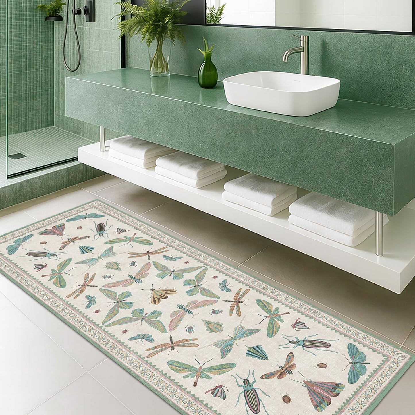 Boho Bathroom Runners - 2x6 Blue and Green Rug for Kitchen, Entry Way, Non Slip Washable Butterfly