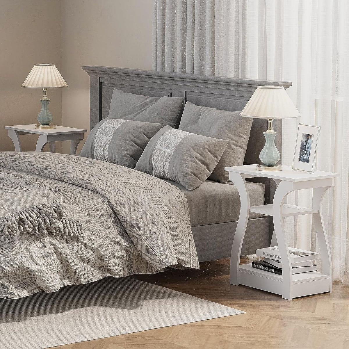 End Tables Living Room Set of 2,End White Table with Charging Station, Side Table, Nightstand for