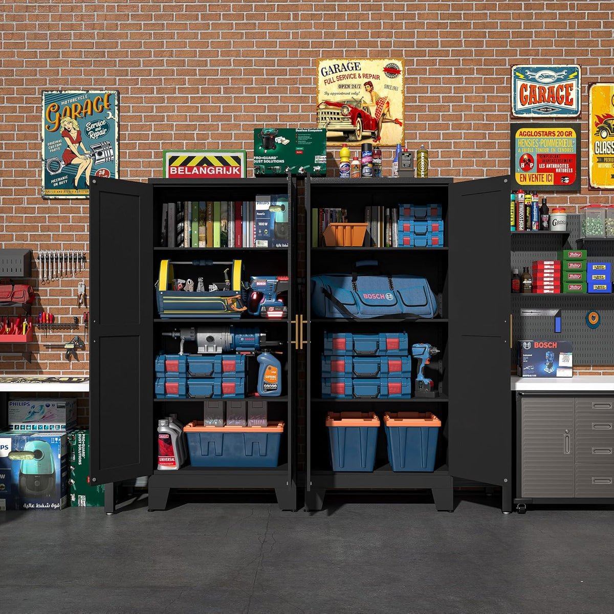 Black Metal Storage Cabinet, 61" Steel Cabinets for Home Office, Kitchen Pantry Storage Cabinet