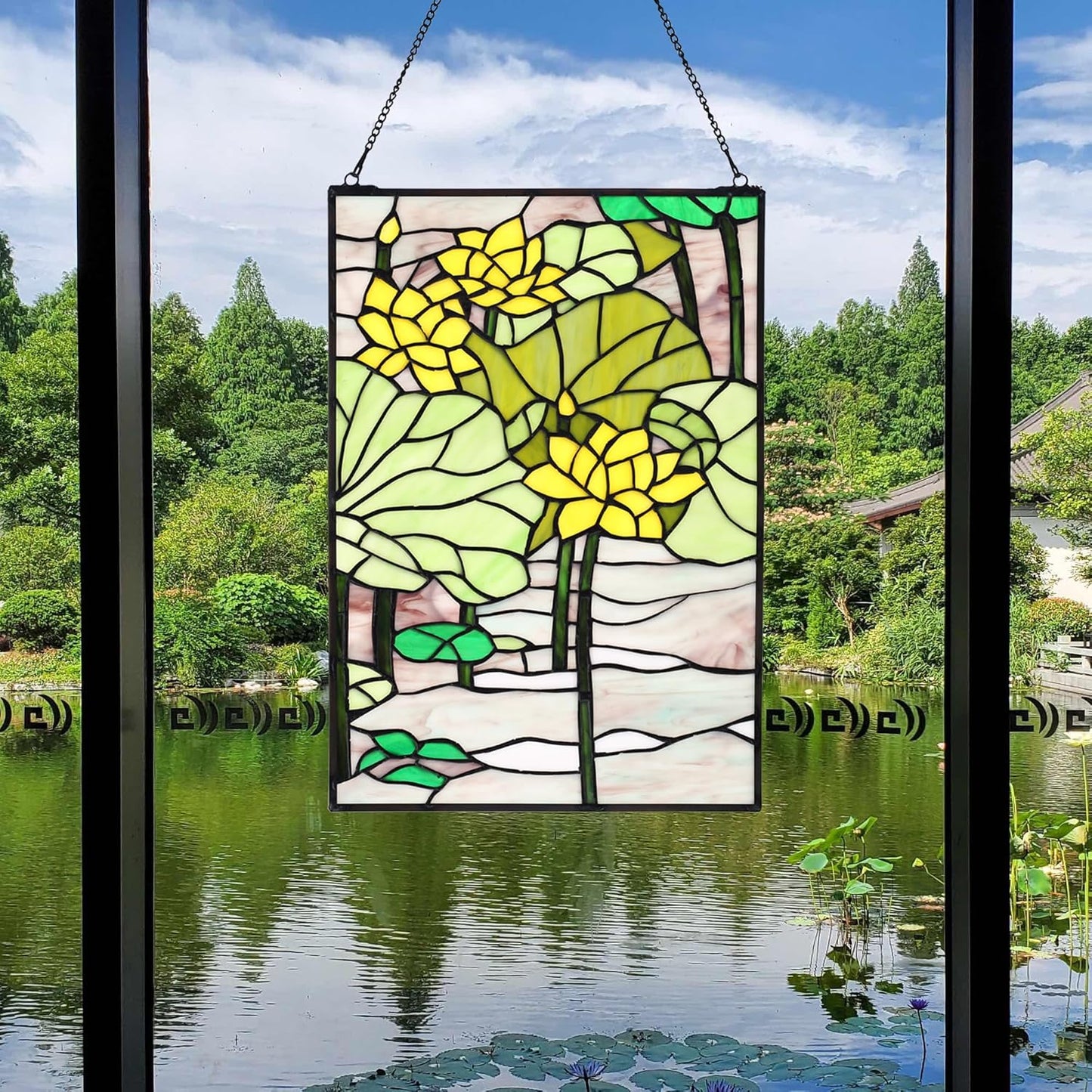 YOURANJU Stained Glass Window Hanging 16" H x 11" W Tiffany Style Rectangular Window Panel Suitable