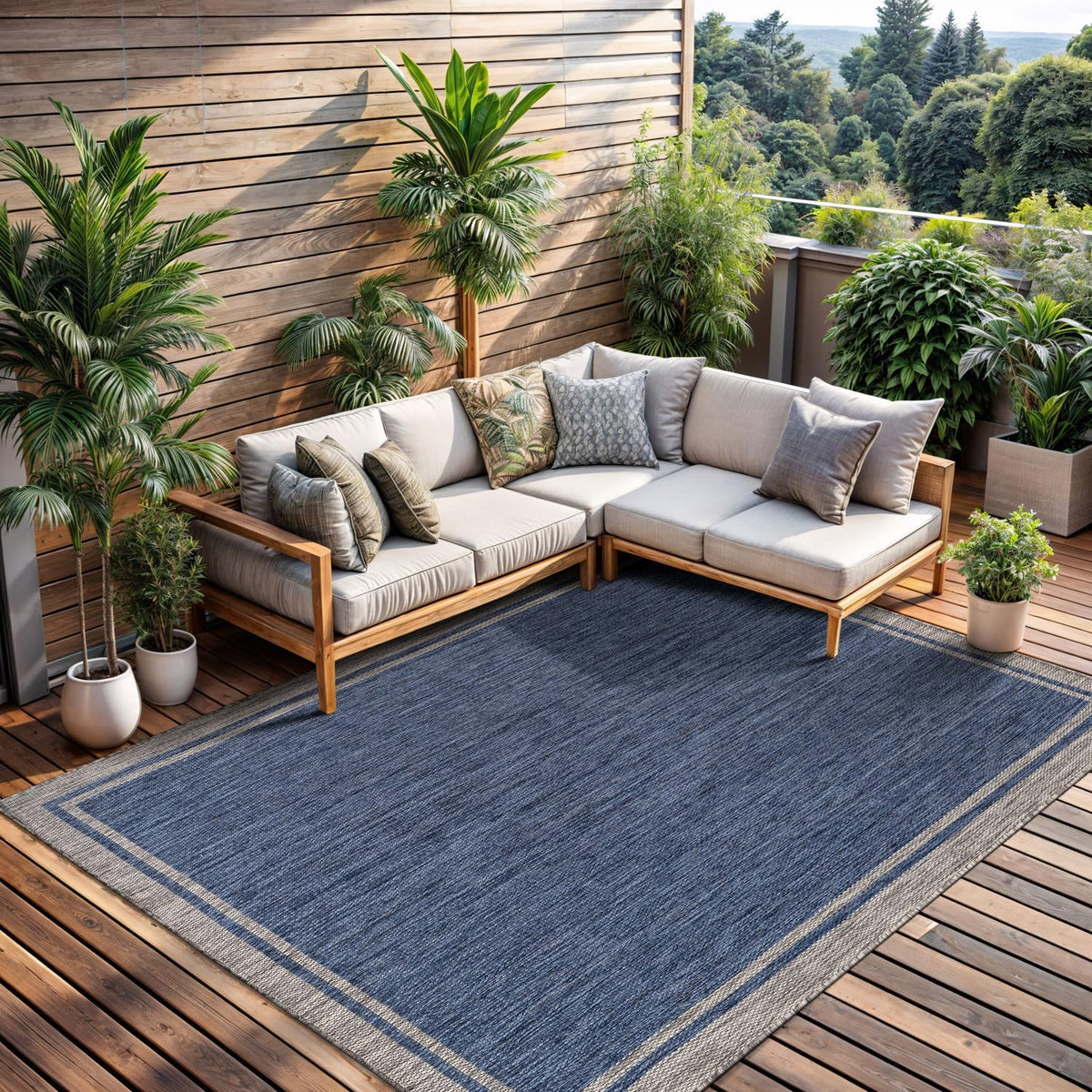 CAMILSON Indoor Outdoor Rug, 10x14 Bordered Navy Blue Gray Modern Large Area Rugs for Indoor and