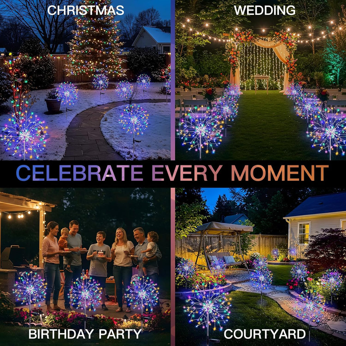 suddus Solar Garden Lights Outdoor Waterproof, Upgrade 2 Pack 150LED Solar Firework Lights, 8 Modes