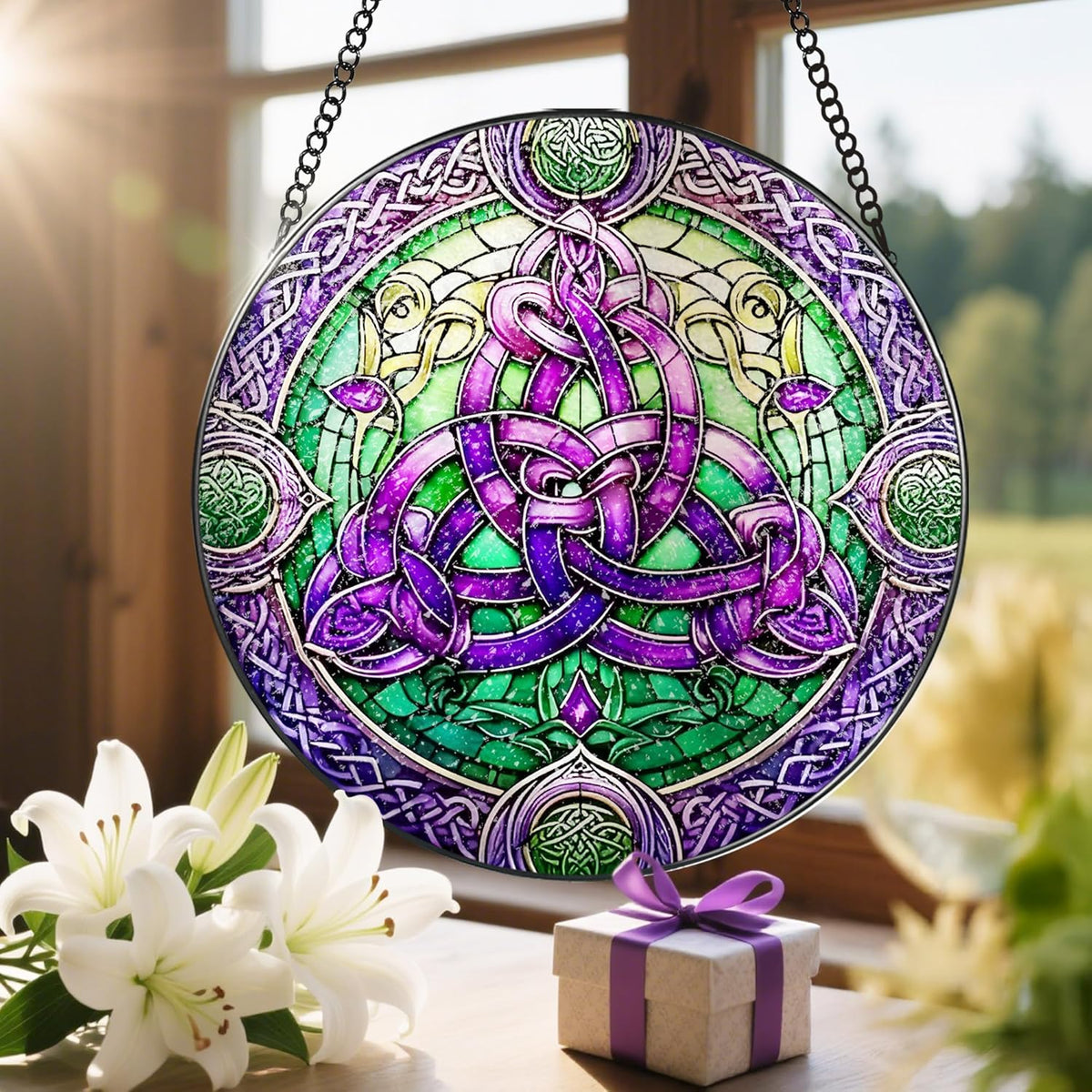 Stained Glass Window Hanging, LAOWEIKI 8'' Celtic Knot Suncatcher, Stained Glass Ornament